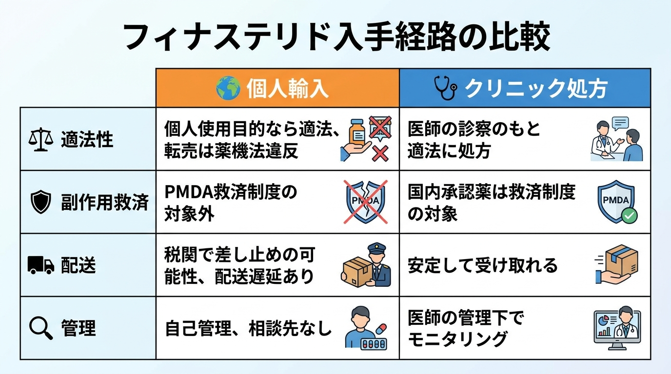 タイトル: フィナステリド入手経路の比較。2列の対比表: ヘッダー行: 個人輸入 | クリニック処方。行1(適法性): 個人使用目的なら適法・転売は薬機法違反 | 医師の診察のもと適法に処方。行2(副作用救済): PMDA救済制度の対象外 | 国内承認薬は救済制度の対象。行3(配送): 税関で差し止めの可能性・配送遅延あり | 安定して受け取れる。行4(管理): 自己管理・相談先なし | 医師の管理下でモニタリング