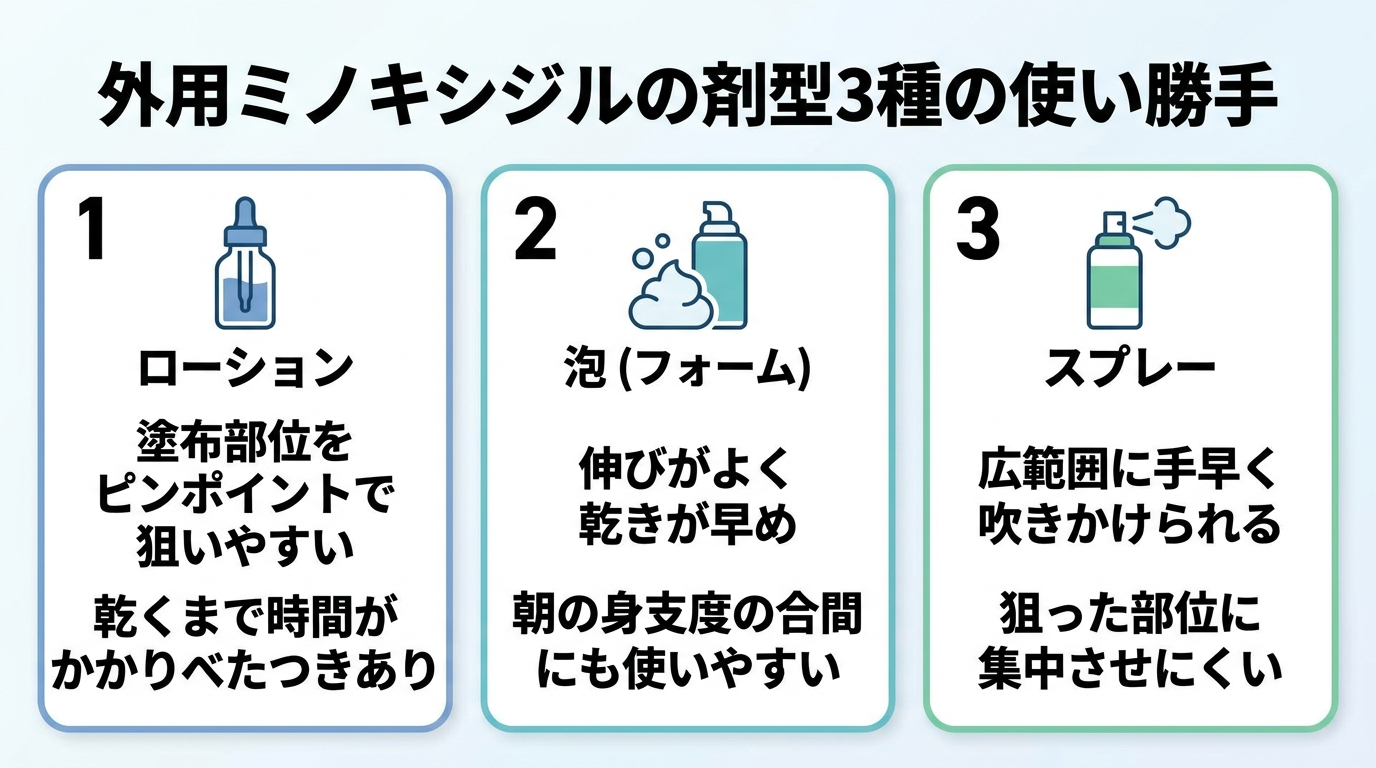 タイトル: 外用ミノキシジルの剤型3種の使い勝手。横並び3カードで: カード1（ボトルのアイコン）ヘッダー: ローション、説明: 塗布部位をピンポイントで狙いやすい。乾くまで時間がかかりべたつきあり。カード2（泡のアイコン）ヘッダー: 泡（フォーム）、説明: 伸びがよく乾きが早め。朝の身支度の合間にも使いやすい。カード3（スプレーのアイコン）ヘッダー: スプレー、説明: 広範囲に手早く吹きかけられる。狙った部位に集中させにくい