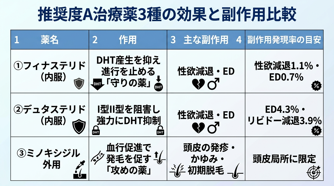 タイトル: 推奨度A治療薬3種の効果と副作用比較。4列の表: ヘッダー行: 薬名 | 作用 | 主な副作用 | 副作用発現率の目安。行1: フィナステリド（内服） | DHT産生を抑え進行を止める「守りの薬」 | 性欲減退・ED | 性欲減退1.1%・ED0.7%。行2: デュタステリド（内服） | I型II型を阻害し強力にDHT抑制 | 性欲減退・ED | ED4.3%・リビドー減退3.9%。行3: ミノキシジル外用 | 血行促進で発毛を促す「攻めの薬」 | 頭皮の発疹・かゆみ・初期脱毛 | 頭皮局所に限定