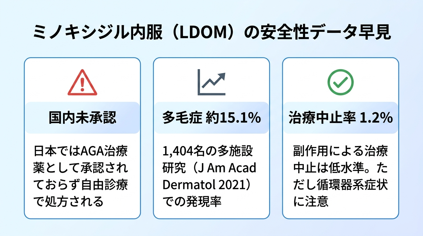 タイトル: ミノキシジル内服（LDOM）の安全性データ早見。横並び3カードで: カード1（注意アイコン）ヘッダー: 国内未承認、説明: 日本ではAGA治療薬として承認されておらず自由診療で処方される。カード2（グラフのアイコン）ヘッダー: 多毛症 約15.1%、説明: 1,404名の多施設研究（J Am Acad Dermatol 2021）での発現率。カード3（チェックのアイコン）ヘッダー: 治療中止率 1.2%、説明: 副作用による治療中止は低水準。ただし循環器系症状に注意