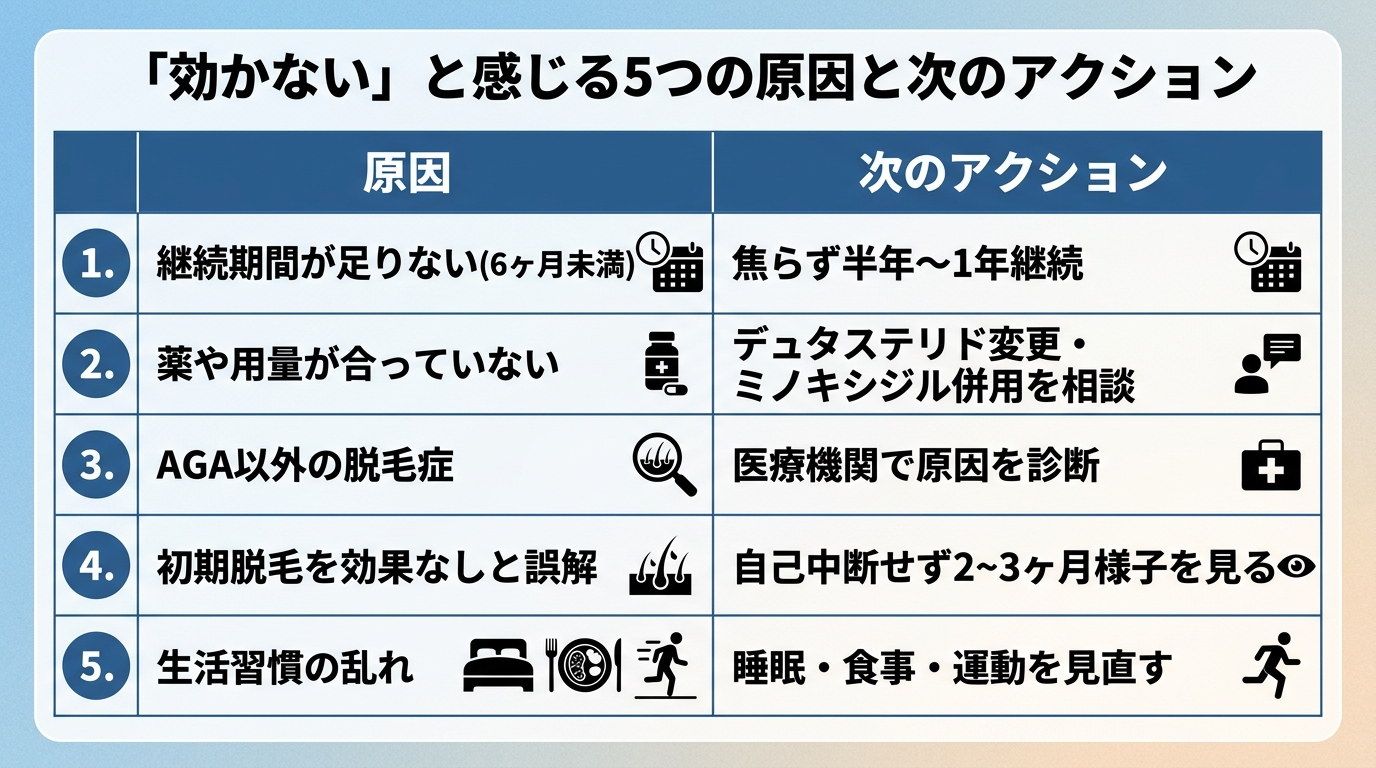 タイトル: 「効かない」と感じる5つの原因と次のアクション。2列の表: ヘッダー行: 原因 | 次のアクション。行1: 継続期間が足りない(6ヶ月未満) | 焦らず半年〜1年継続。行2: 薬や用量が合っていない | デュタステリド変更・ミノキシジル併用を相談。行3: AGA以外の脱毛症 | 医療機関で原因を診断。行4: 初期脱毛を効果なしと誤解 | 自己中断せず2〜3ヶ月様子を見る。行5: 生活習慣の乱れ | 睡眠・食事・運動を見直す