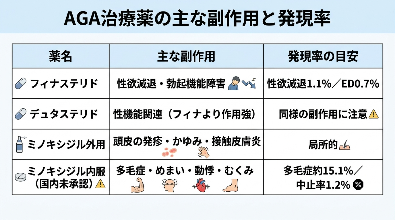 タイトル: AGA治療薬の主な副作用と発現率。3列の表: ヘッダー行: 薬名 | 主な副作用 | 発現率の目安。行1: フィナステリド | 性欲減退・勃起機能障害 | 性欲減退1.1%/ED0.7%。行2: デュタステリド | 性機能関連(フィナより作用強) | 同様の副作用に注意。行3: ミノキシジル外用 | 頭皮の発疹・かゆみ・接触皮膚炎 | 局所的。行4: ミノキシジル内服(国内未承認) | 多毛症・めまい・動悸・むくみ | 多毛症約15.1%/中止率1.2%