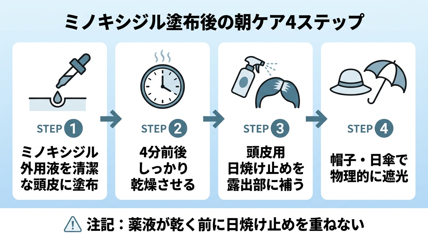 タイトル: ミノキシジル塗布後の朝ケア4ステップ。横並び4ステップのフロー図: ステップ1(点眼ボトルのアイコン)ミノキシジル外用液を清潔な頭皮に塗布。ステップ2(時計のアイコン)4分前後しっかり乾燥させる。ステップ3(スプレーのアイコン)頭皮用日焼け止めを露出部に補う。ステップ4(帽子のアイコン)帽子・日傘で物理的に遮光。下部に注記: 薬液が乾く前に日焼け止めを重ねない