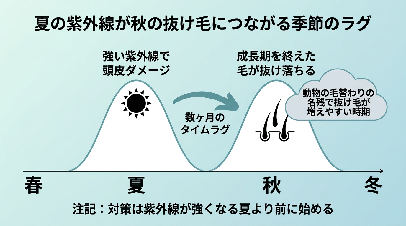 タイトル: 夏の紫外線が秋の抜け毛につながる季節のラグ。横軸に季節(春・夏・秋・冬)を取った時系列図: 夏に「強い紫外線で頭皮ダメージ」の山、矢印で数ヶ月のタイムラグを示し、秋に「成長期を終えた毛が抜け落ちる」の山。秋には「動物の毛替わりの名残で抜け毛が増えやすい時期」の補足も重なる。下部に注記: 対策は紫外線が強くなる夏より前に始める
