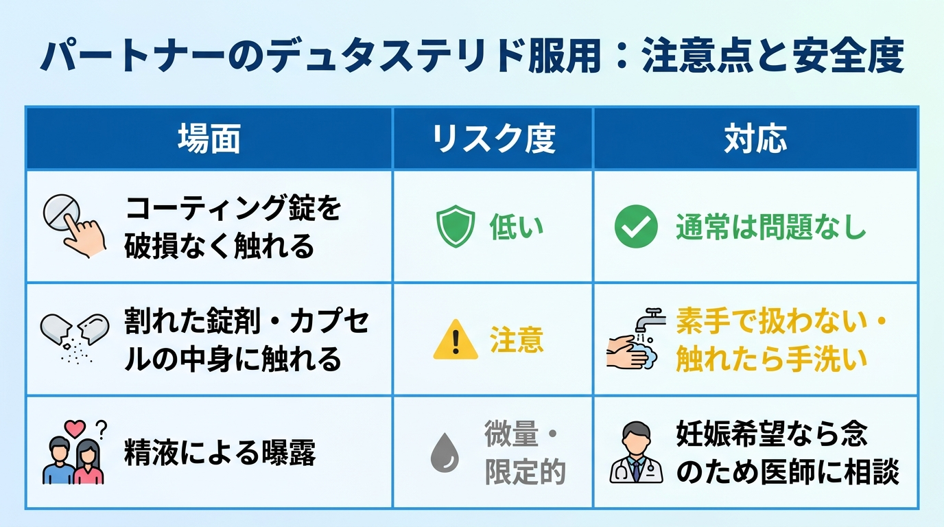 タイトル: パートナーがデュタステリドを服用中の注意点と安全度。3列の表: ヘッダー行: 場面 | リスク度 | 対応。行1: コーティング錠を破損なく触れる | 低い | 通常は問題なし。行2: 割れた錠剤・カプセルの中身に触れる | 注意 | 素手で扱わない・触れたら手洗い。行3: 精液による曝露 | 微量・限定的 | 妊娠希望なら念のため医師に相談