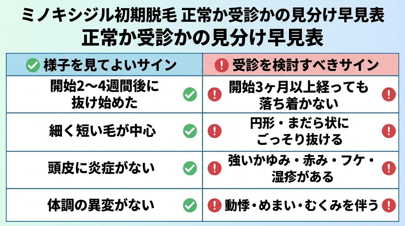 タイトル: ミノキシジル初期脱毛 正常か受診かの見分け早見表。2列の表: ヘッダー行: 様子を見てよいサイン | 受診を検討すべきサイン。行1: 開始2〜4週間後に抜け始めた | 開始3ヶ月以上経っても落ち着かない。行2: 細く短い毛が中心 | 円形・まだら状にごっそり抜ける。行3: 頭皮に炎症がない | 強いかゆみ・赤み・フケ・湿疹がある。行4: 体調の異変がない | 動悸・めまい・むくみを伴う