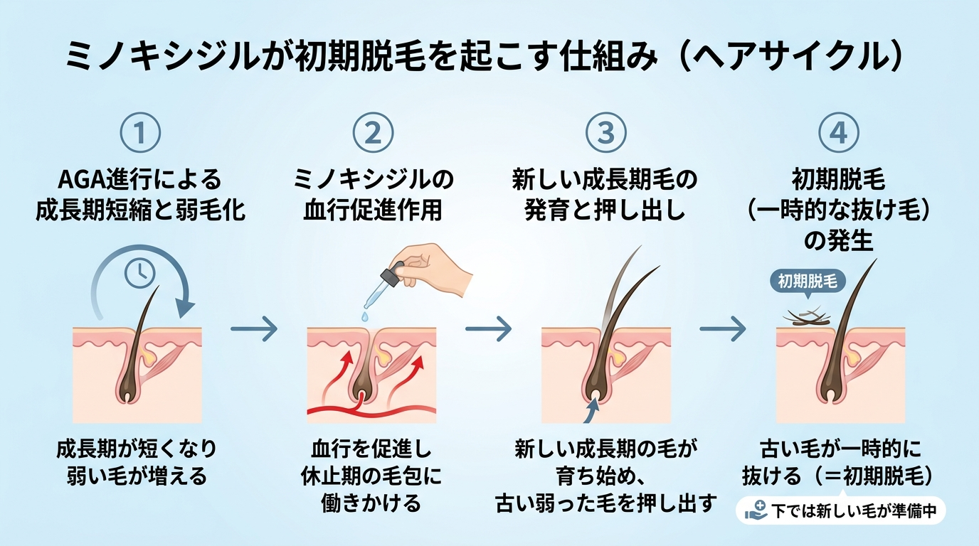 タイトル: ミノキシジルが初期脱毛を起こす仕組み(ヘアサイクル)。フロー図4ステップ: ステップ1: AGA進行で成長期が短くなり弱い毛が増える。ステップ2: ミノキシジルが血行促進し休止期の毛包に働きかける。ステップ3: 新しい成長期の毛が育ち始め、古い弱った毛を押し出す。ステップ4: 古い毛が一時的に抜ける(=初期脱毛)→下では新しい毛が準備中