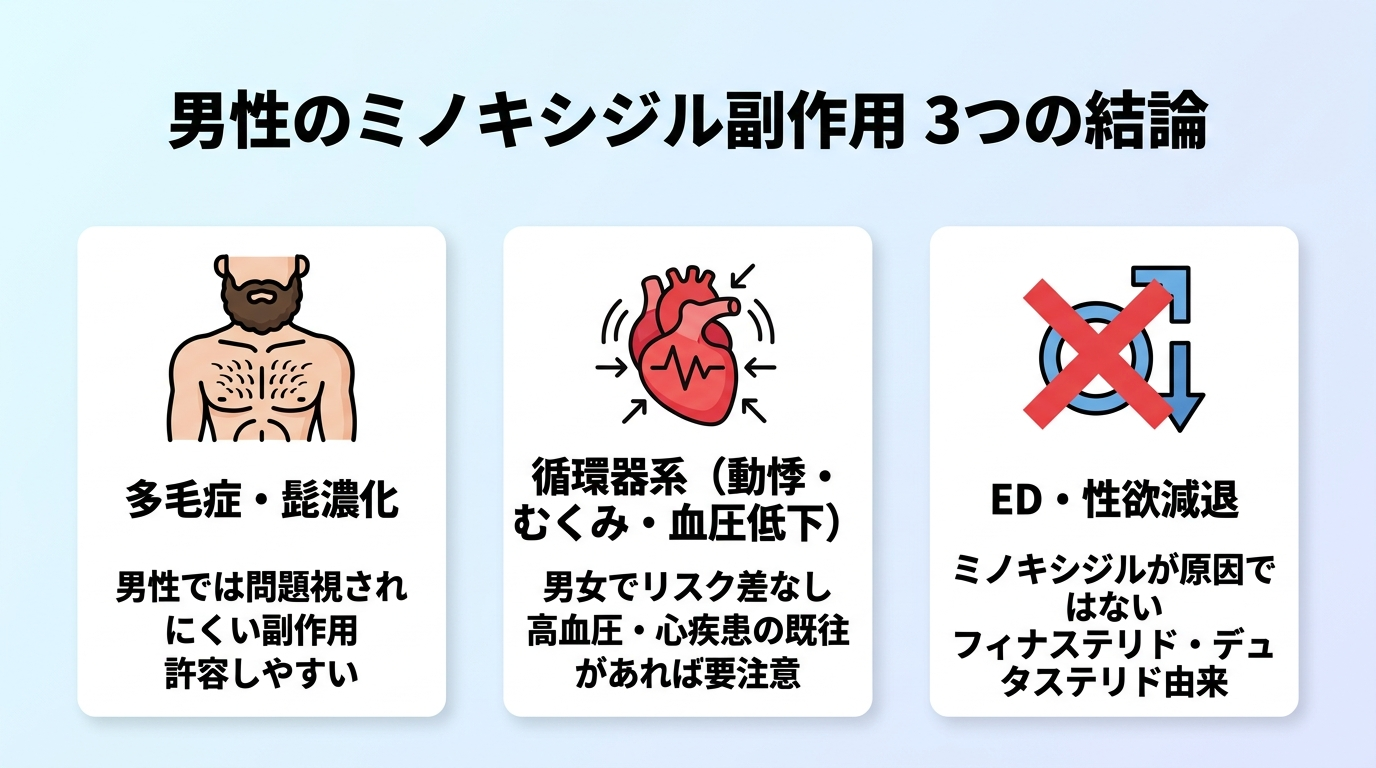 タイトル: 男性のミノキシジル副作用 3つの結論。横並び3カードで: カード1(体毛のアイコン)ヘッダー: 多毛症・髭濃化、説明: 男性では問題視されにくい副作用。許容しやすい。カード2(心臓のアイコン)ヘッダー: 循環器系(動悸・むくみ・血圧低下)、説明: 男女でリスク差なし。高血圧・心疾患の既往があれば要注意。カード3(バツ印のアイコン)ヘッダー: ED・性欲減退、説明: ミノキシジルが原因ではない。フィナステリド・デュタステリド由来。