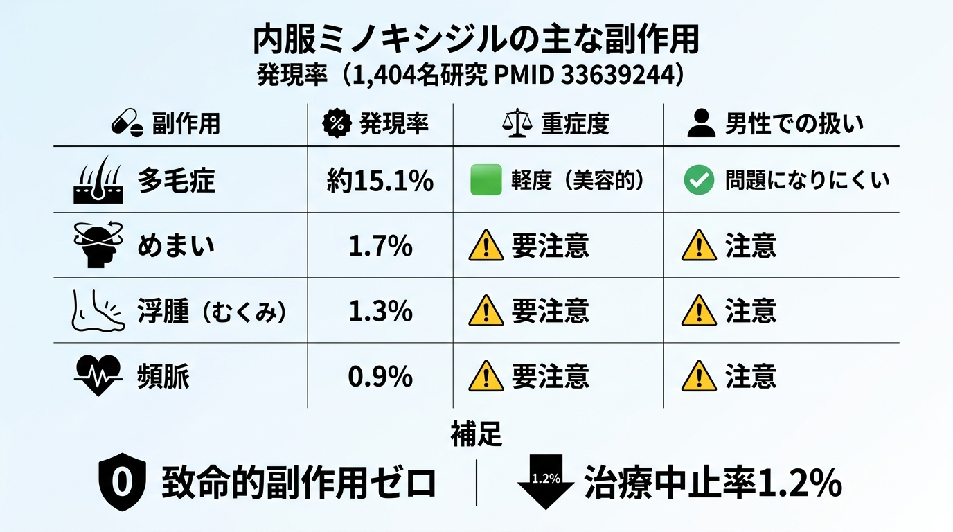 タイトル: 内服ミノキシジルの主な副作用 発現率(1,404名研究 PMID 33639244)。4列の表: ヘッダー行: 副作用 | 発現率 | 重症度 | 男性での扱い。行1: 多毛症 | 約15.1% | 軽度(美容的) | 問題になりにくい。行2: めまい | 1.7% | 要注意 | 注意。行3: 浮腫(むくみ) | 1.3% | 要注意 | 注意。行4: 頻脈 | 0.9% | 要注意 | 注意。補足: 致命的副作用ゼロ、治療中止率1.2%