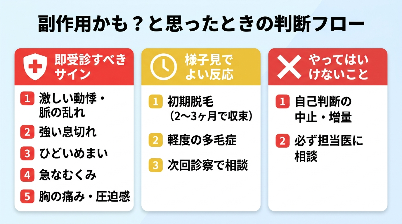 タイトル: 副作用かも?と思ったときの判断フロー。横並び3カードで: カード1(救急アイコン・赤)ヘッダー: 即受診すべきサイン、説明: 激しい動悸・脈の乱れ、強い息切れ、ひどいめまい、急なむくみ、胸の痛み・圧迫感。カード2(時計アイコン・黄)ヘッダー: 様子見でよい反応、説明: 初期脱毛(2〜3ヶ月で収束)、軽度の多毛症。次回診察で相談。カード3(バツ印アイコン)ヘッダー: やってはいけないこと、説明: 自己判断の中止・増量。必ず担当医に相談。