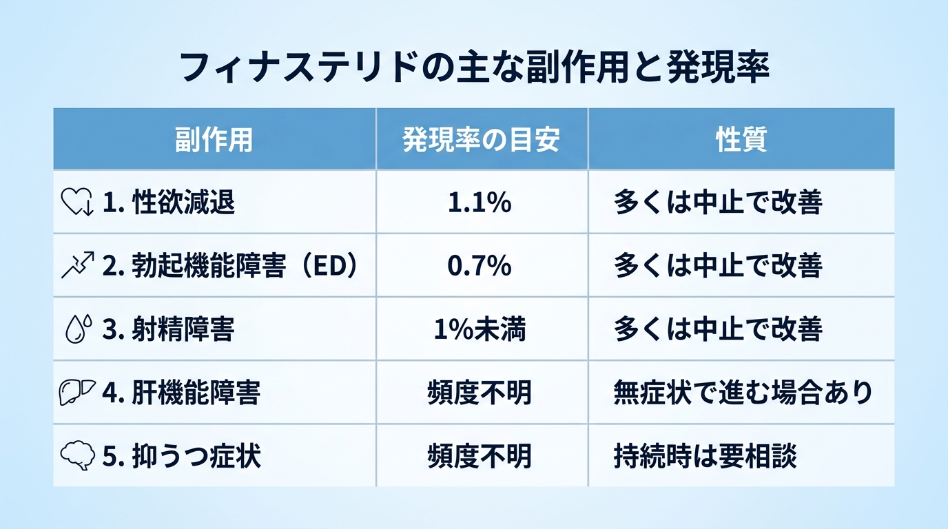 タイトル: フィナステリドの主な副作用と発現率。3列の表: ヘッダー行: 副作用 | 発現率の目安 | 性質。行1: 性欲減退 | 1.1% | 多くは中止で改善。行2: 勃起機能障害（ED） | 0.7% | 多くは中止で改善。行3: 射精障害 | 1%未満 | 多くは中止で改善。行4: 肝機能障害 | 頻度不明 | 無症状で進む場合あり。行5: 抑うつ症状 | 頻度不明 | 持続時は要相談