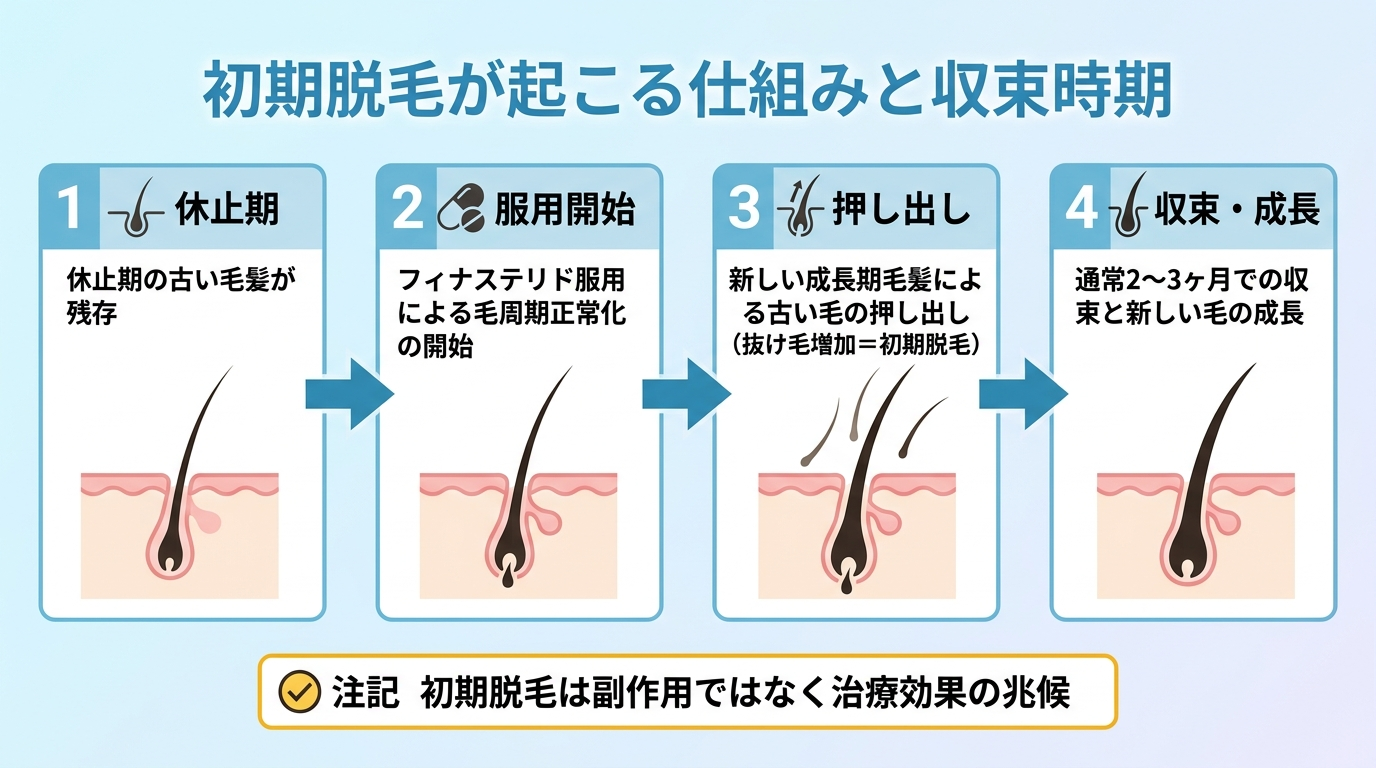 タイトル: 初期脱毛が起こる仕組みと収束時期。フロー図: ステップ1: 休止期の古い毛髪が残っている → ステップ2: フィナステリド服用で毛周期が正常化し始める → ステップ3: 新しい成長期の毛髪が古い毛を押し出す（抜け毛が増える＝初期脱毛） → ステップ4: 通常2〜3ヶ月で収束し新しい毛が育つ。注記: 初期脱毛は副作用ではなく治療が効き始めたサイン