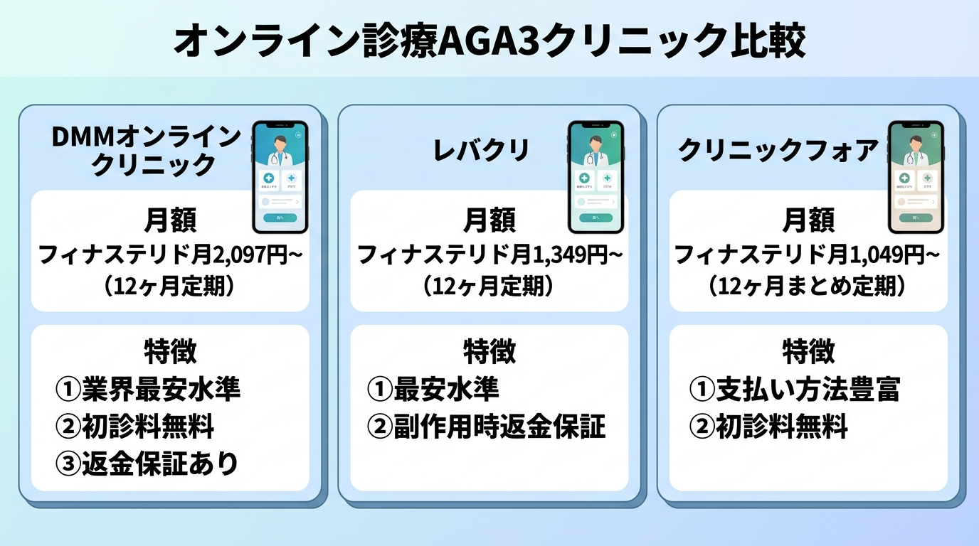 タイトル: オンライン診療AGA3クリニック比較。3カード横並びインフォグラフィック。カード1（スマートフォンのアイコン）ヘッダー: DMMオンラインクリニック、月額: フィナステリド月2,097円〜（12ヶ月定期）、特徴: 業界最安水準・初診料無料・返金保証あり。カード2（スマートフォンのアイコン）ヘッダー: レバクリ、月額: フィナステリド月1,349円〜（12ヶ月定期）、特徴: 最安水準・副作用時返金保証。カード3（スマートフォンのアイコン）ヘッダー: クリニックフォア、月額: フィナステリド月1,049円〜（12ヶ月まとめ定期）、特徴: 支払い方法豊富・初診料無料