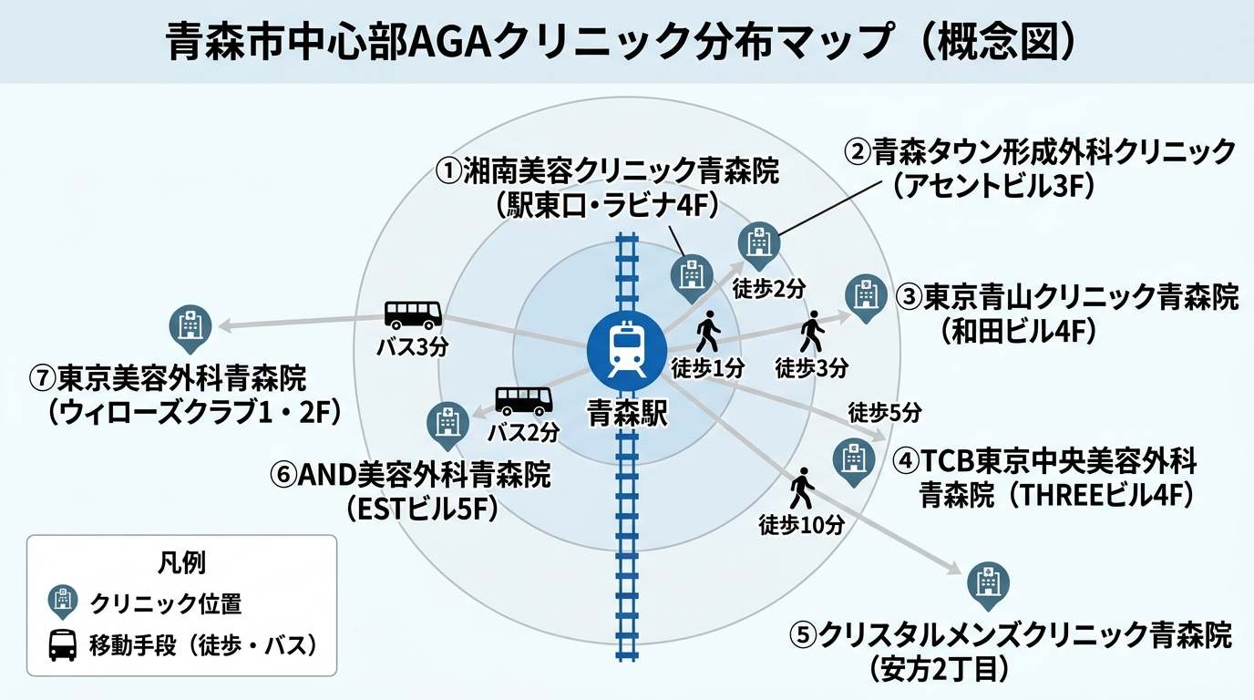 タイトル: 青森市中心部AGAクリニック分布マップ（概念図）。青森駅を中心に徒歩圏内のクリニック位置関係を示す図。凡例付き。徒歩1分: 湘南美容クリニック青森院（駅東口・ラビナ4F）。徒歩2分: 青森タウン形成外科クリニック（アセントビル3F）。徒歩3分: 東京青山クリニック青森院（和田ビル4F）。徒歩5分: TCB東京中央美容外科青森院（THREEビル4F）。バス2分: AND美容外科青森院（ESTビル5F）。バス3分: 東京美容外科青森院（ウィローズクラブ1・2F）。徒歩10分: クリスタルメンズクリニック青森院（安方2丁目）