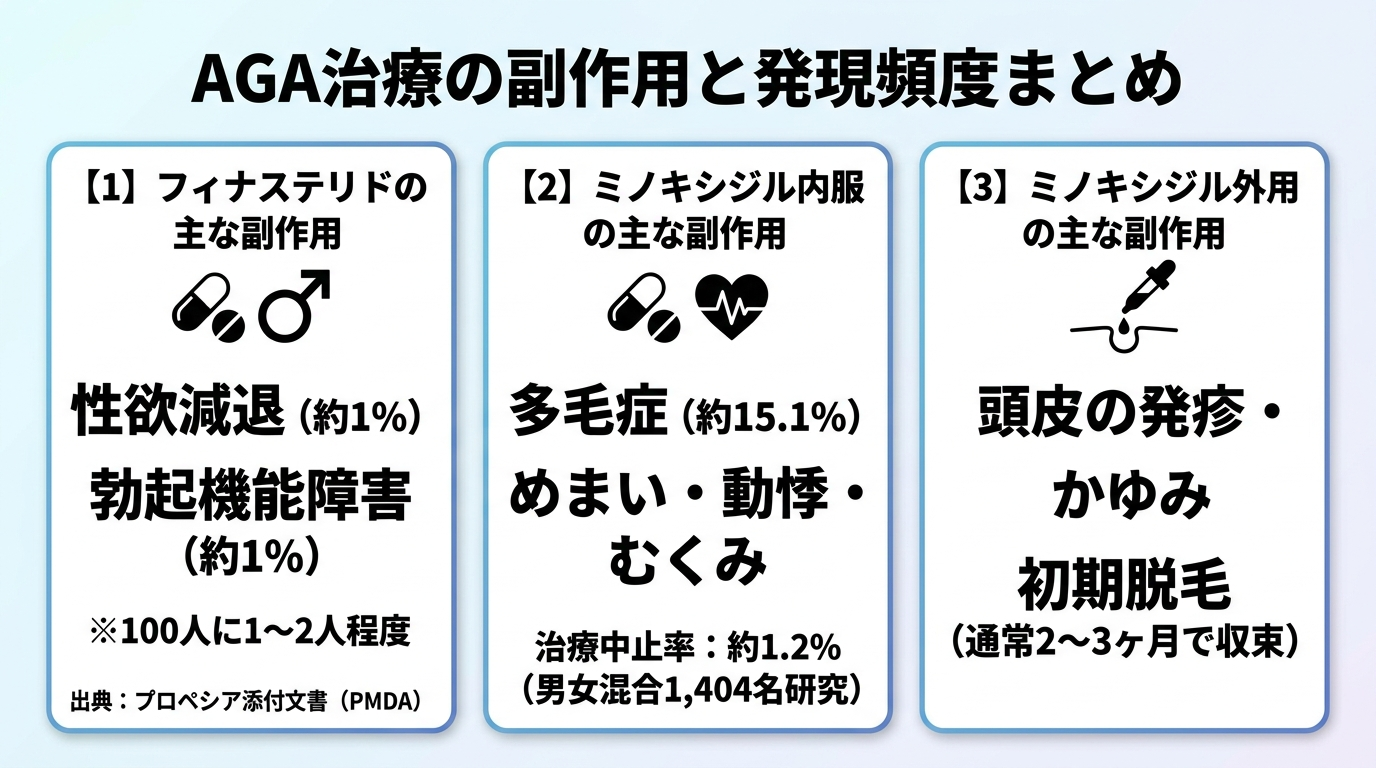 タイトル: AGA治療の副作用と発現頻度まとめ。3カード縦並びインフォグラフィック。カード1: フィナステリドの主な副作用 ─ 性欲減退・勃起機能障害（各1%前後/100人に1〜2人）出典: プロペシア添付文書（PMDA）。カード2: ミノキシジル内服の主な副作用 ─ 多毛症（約15.1%）・めまい・動悸・むくみ・治療中止率約1.2%（男女混合1,404名研究）。カード3: ミノキシジル外用の主な副作用 ─ 頭皮の発疹・かゆみ・初期脱毛（2〜3ヶ月で通常収束）