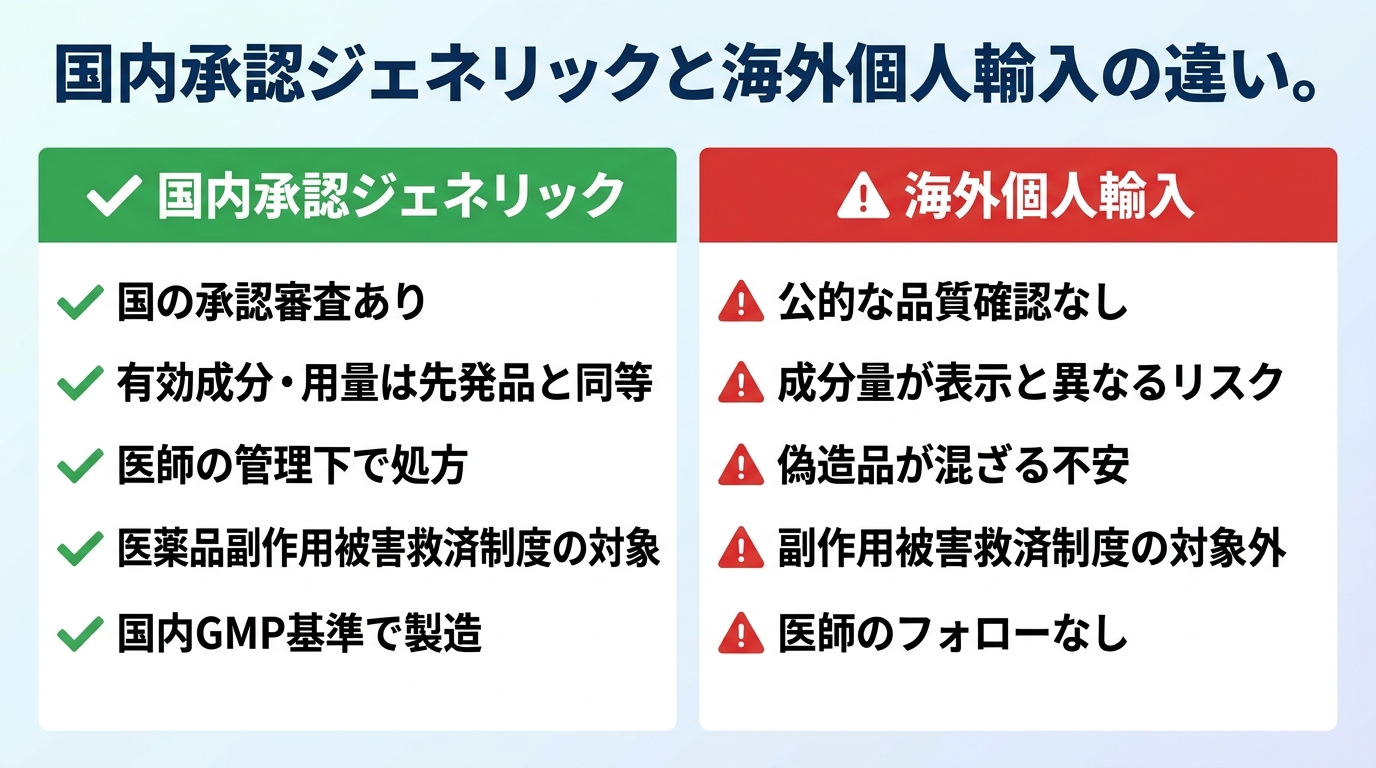 タイトル: 国内承認ジェネリックと海外個人輸入の違い。2カラム比較図。左カラム（チェックアイコン・緑）ヘッダー: 国内承認ジェネリック、項目: 国の承認審査あり / 有効成分・用量は先発品と同等 / 医師の管理下で処方 / 医薬品副作用被害救済制度の対象 / 国内GMP基準で製造。右カラム（警告アイコン・赤）ヘッダー: 海外個人輸入、項目: 公的な品質確認なし / 成分量が表示と異なるリスク / 偽造品が混ざる不安 / 副作用被害救済制度の対象外 / 医師のフォローなし