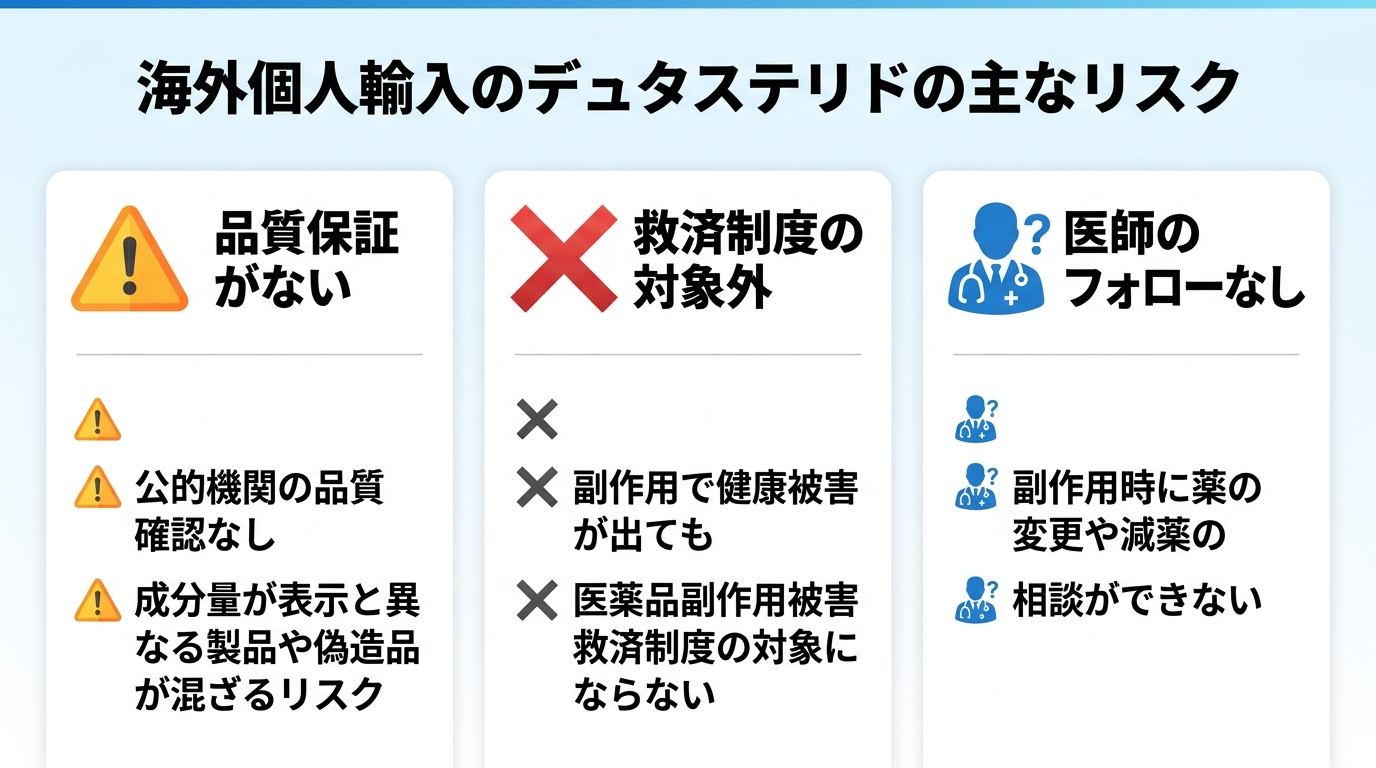 タイトル: 海外個人輸入のデュタステリドの主なリスク。縦並び3カード。カード1（警告アイコン）ヘッダー: 品質保証がない、説明: 公的機関の品質確認なし。成分量が表示と異なる製品や偽造品が混ざるリスク。カード2（バツアイコン）ヘッダー: 救済制度の対象外、説明: 副作用で健康被害が出ても医薬品副作用被害救済制度の対象にならない。カード3（医師アイコン）ヘッダー: 医師のフォローなし、説明: 副作用時に薬の変更や減薬の相談ができない