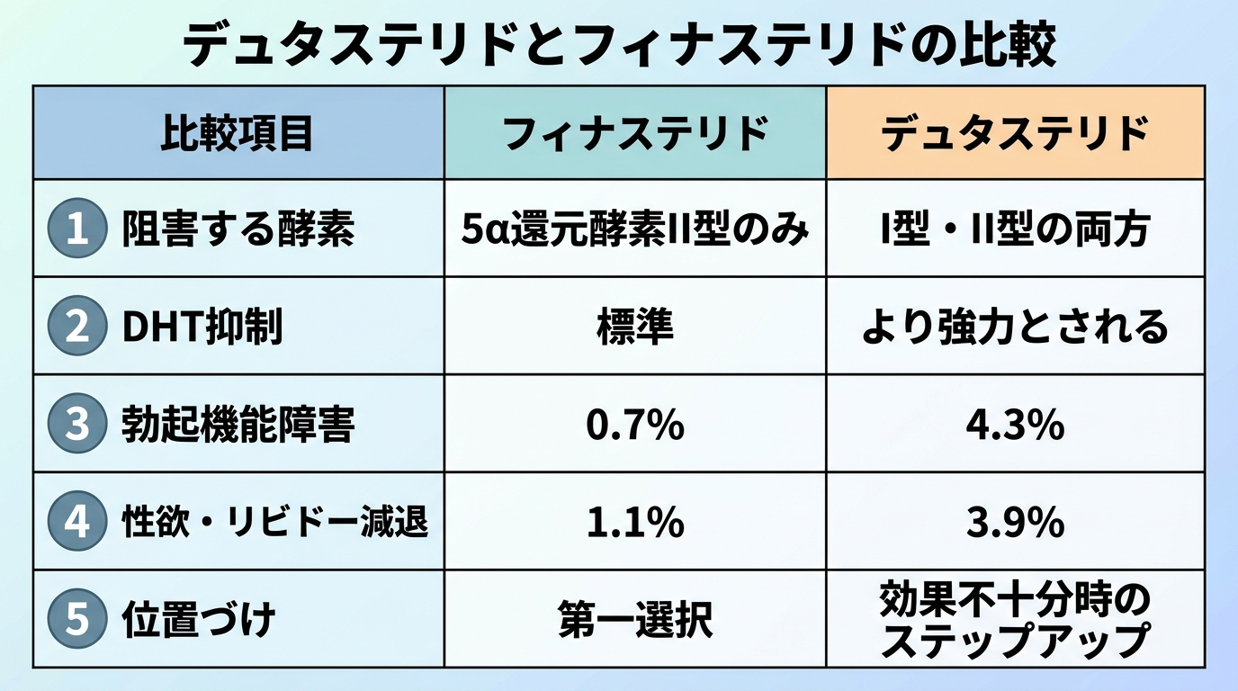 タイトル: デュタステリドとフィナステリドの比較。4列の表。ヘッダー行: 比較項目 | フィナステリド | デュタステリド。行1: 阻害する酵素 | 5α還元酵素II型のみ | I型・II型の両方。行2: DHT抑制 | 標準 | より強力とされる。行3: 勃起機能障害 | 0.7% | 4.3%。行4: 性欲・リビドー減退 | 1.1% | 3.9%。行5: 位置づけ | 第一選択 | 効果不十分時のステップアップ