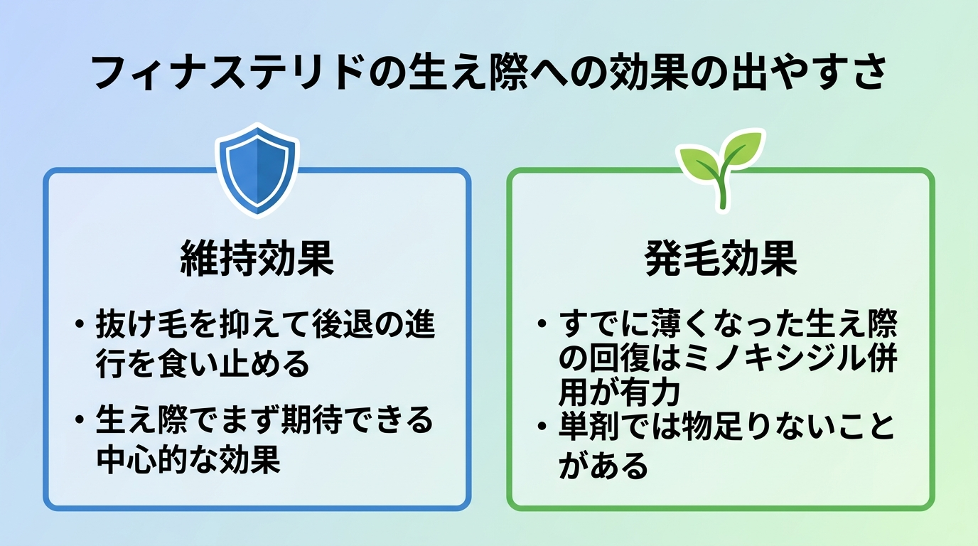 タイトル: フィナステリドの生え際への効果の出やすさ。横並び2カードで比較: カード1(盾のアイコン)ヘッダー: 維持効果、説明: 抜け毛を抑えて後退の進行を食い止める。生え際でまず期待できる中心的な効果。カード2(新芽のアイコン)ヘッダー: 発毛効果、説明: すでに薄くなった生え際の回復はミノキシジル併用が有力。単剤では物足りないことがある。