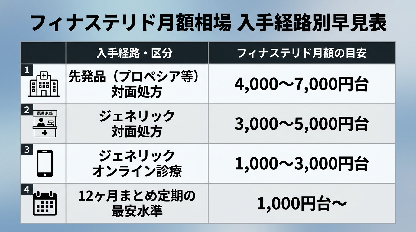 タイトル: フィナステリド月額相場 入手経路別早見表。4列の表: ヘッダー行: 入手経路・区分 | フィナステリド月額の目安。行1: 先発品（プロペシア等）対面処方 | 4,000〜7,000円台。行2: ジェネリック 対面処方 | 3,000〜5,000円台。行3: ジェネリック オンライン診療 | 1,000〜3,000円台。行4: 12ヶ月まとめ定期の最安水準 | 1,000円台〜