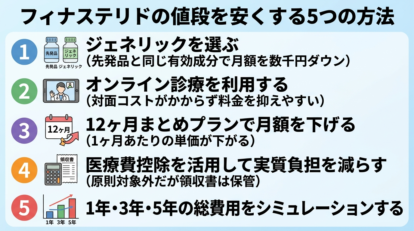 タイトル: フィナステリドの値段を安くする5つの方法。縦並び5項目の番号付きリスト型インフォグラフィック: 1. ジェネリックを選ぶ（先発品と同じ有効成分で月額を数千円ダウン）。2. オンライン診療を利用する（対面コストがかからず料金を抑えやすい）。3. 12ヶ月まとめプランで月額を下げる（1ヶ月あたりの単価が下がる）。4. 医療費控除を活用して実質負担を減らす（原則対象外だが領収書は保管）。5. 1年・3年・5年の総費用をシミュレーションする