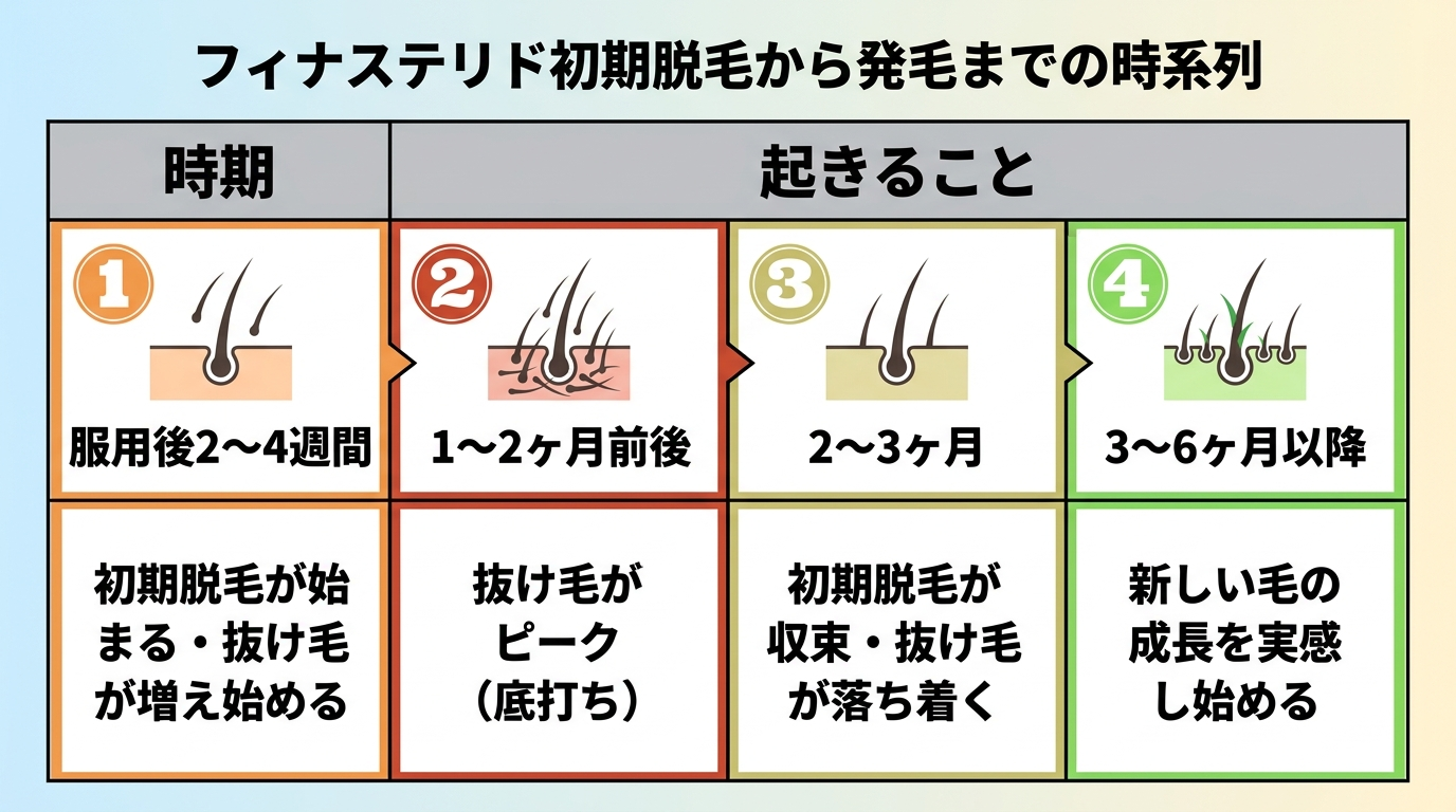 タイトル: フィナステリド初期脱毛から発毛までの時系列。横型タイムライン4段階の表: ヘッダー行: 時期 | 起きること。行1: 服用後2〜4週間 | 初期脱毛が始まる・抜け毛が増え始める。行2: 1〜2ヶ月前後 | 抜け毛がピーク(底打ち)。行3: 2〜3ヶ月 | 初期脱毛が収束・抜け毛が落ち着く。行4: 3〜6ヶ月以降 | 新しい毛の成長を実感し始める
