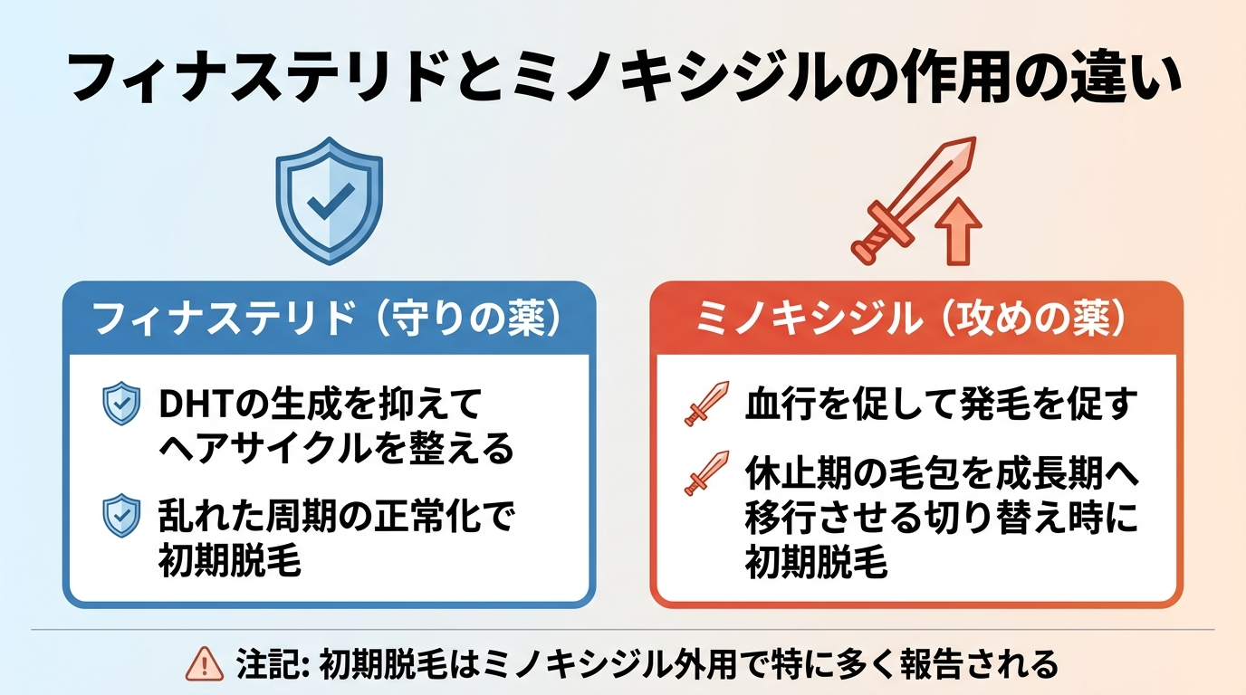 タイトル: フィナステリドとミノキシジルの作用の違い。横並び2カード比較: カード1(盾のアイコン)ヘッダー: フィナステリド(守りの薬)、説明: DHTの生成を抑えてヘアサイクルを整える。乱れた周期の正常化で初期脱毛。カード2(剣のアイコン)ヘッダー: ミノキシジル(攻めの薬)、説明: 血行を促して発毛を促す。休止期の毛包を成長期へ移行させる切り替え時に初期脱毛。下部注記: 初期脱毛はミノキシジル外用で特に多く報告される