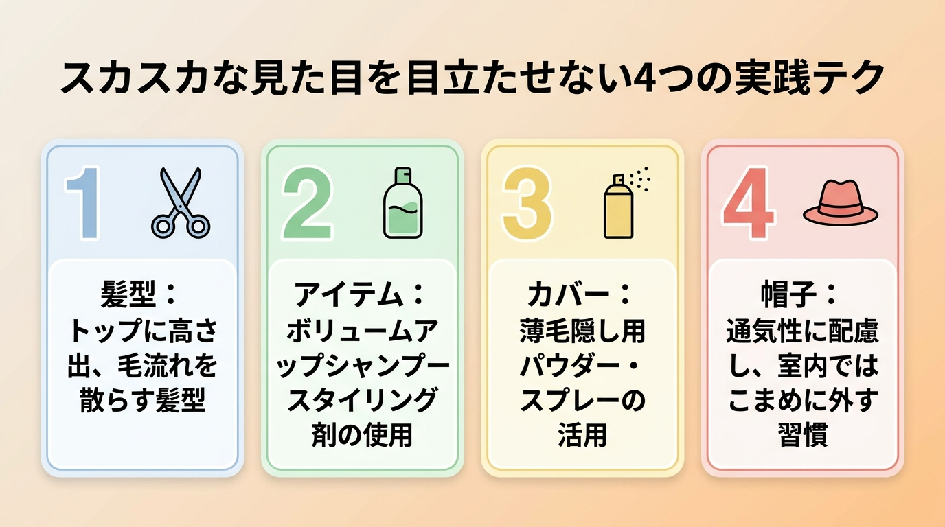 タイトル: スカスカな見た目を目立たせない4つの実践テク。横並び4カード: カード1(ハサミのアイコン)髪型: トップに高さを出し毛流れを散らす。カード2(ボトルのアイコン)アイテム: ボリュームアップシャンプー・スタイリング剤。カード3(スプレーのアイコン)カバー: 薄毛隠し用パウダー・スプレー。カード4(帽子のアイコン)帽子: 通気性に配慮し室内ではこまめに外す