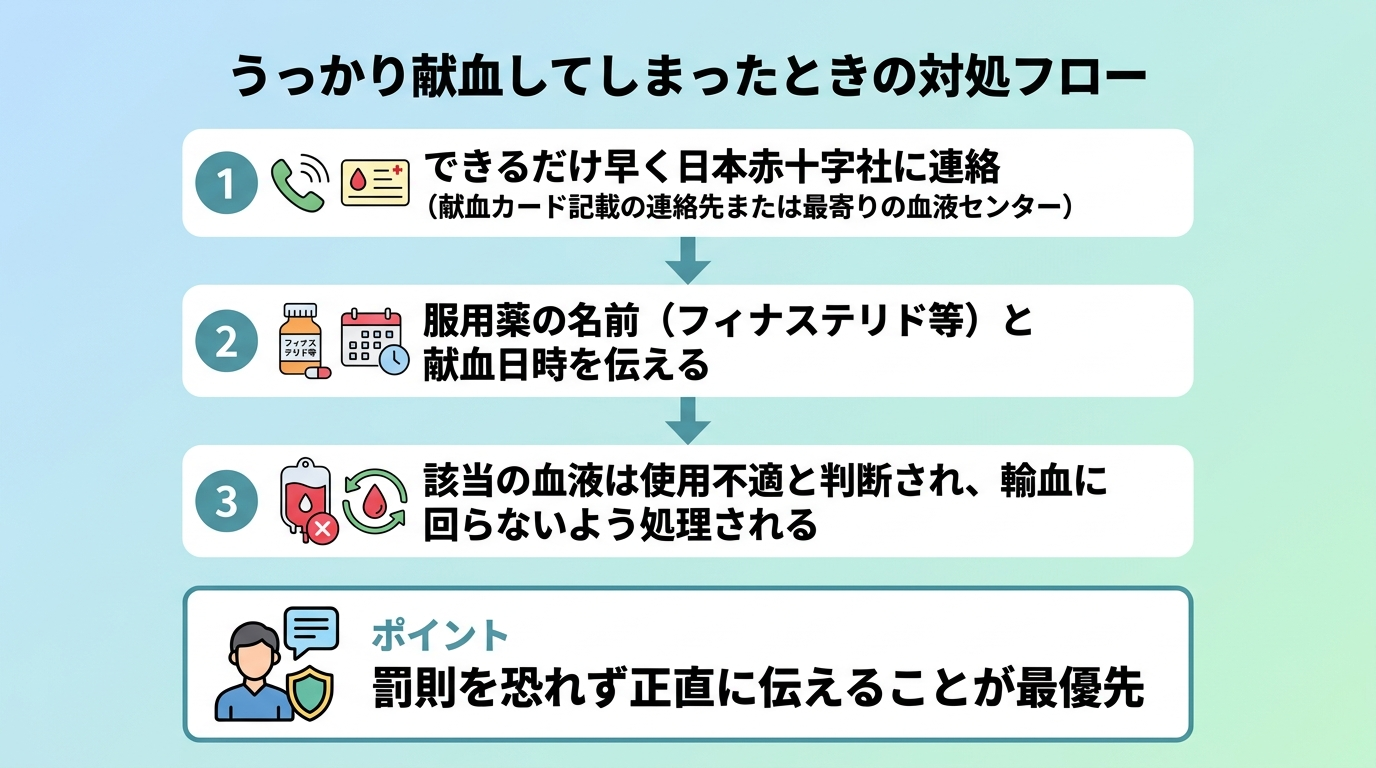 タイトル: うっかり献血してしまったときの対処フロー。3ステップの縦並びフロー: ステップ1: できるだけ早く日本赤十字社に連絡（献血カード記載の連絡先または最寄りの血液センター）。ステップ2: 服用薬の名前（フィナステリド等）と献血日時を伝える。ステップ3: 該当の血液は使用不適と判断され、輸血に回らないよう処理される。ポイント: 罰則を恐れず正直に伝えることが最優先