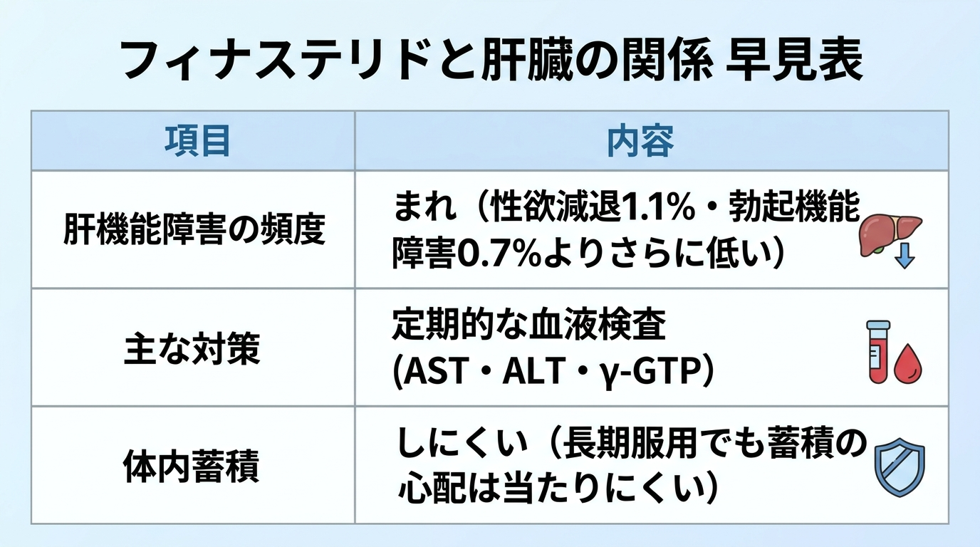タイトル: フィナステリドと肝臓の関係 早見表。3行の表: ヘッダー行: 項目 | 内容。行1: 肝機能障害の頻度 | まれ（性欲減退1.1%・勃起機能障害0.7%よりさらに低い）。行2: 主な対策 | 定期的な血液検査（AST・ALT・γ-GTP）。行3: 体内蓄積 | しにくい（長期服用でも蓄積の心配は当たりにくい）