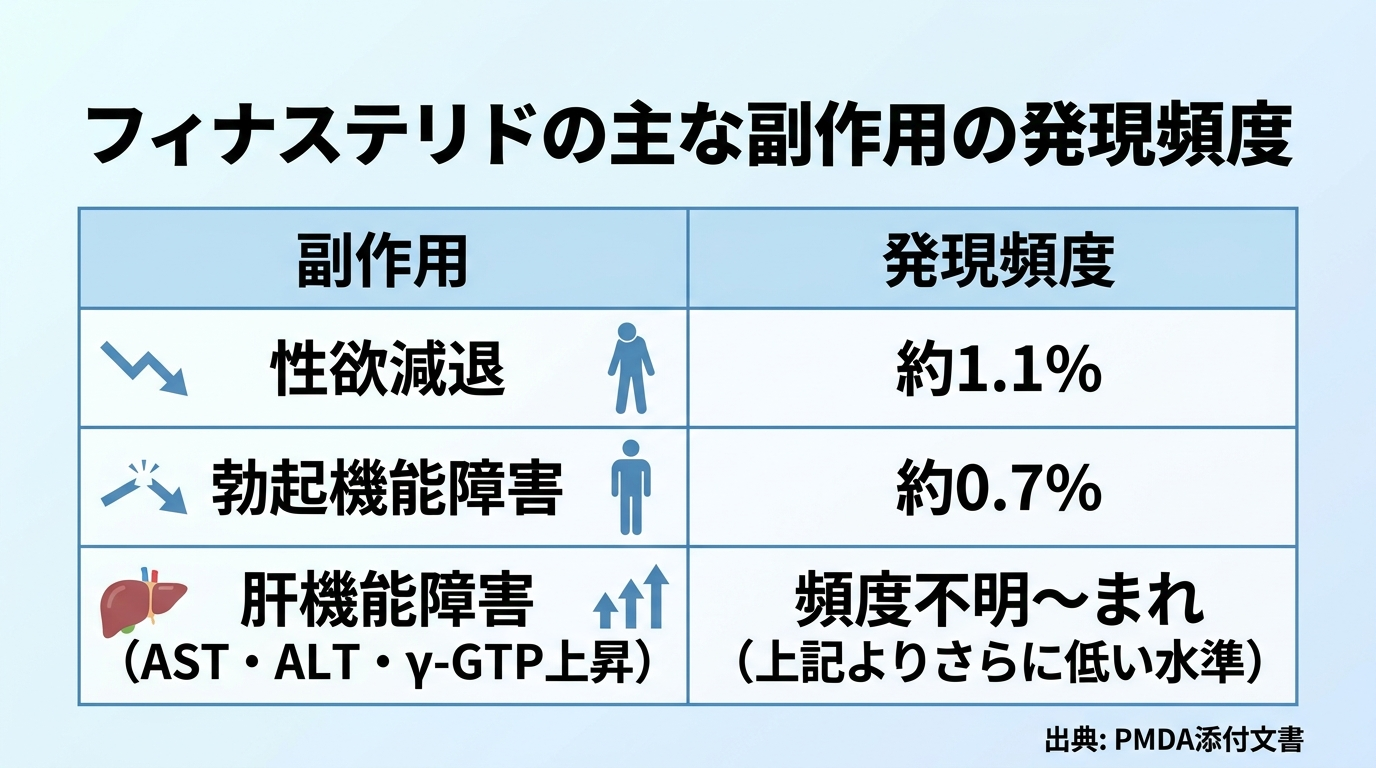 タイトル: フィナステリドの主な副作用の発現頻度。3行の表: ヘッダー行: 副作用 | 発現頻度。行1: 性欲減退 | 約1.1%。行2: 勃起機能障害 | 約0.7%。行3: 肝機能障害（AST・ALT・γ-GTP上昇） | 頻度不明〜まれ（上記よりさらに低い水準）。出典: PMDA添付文書