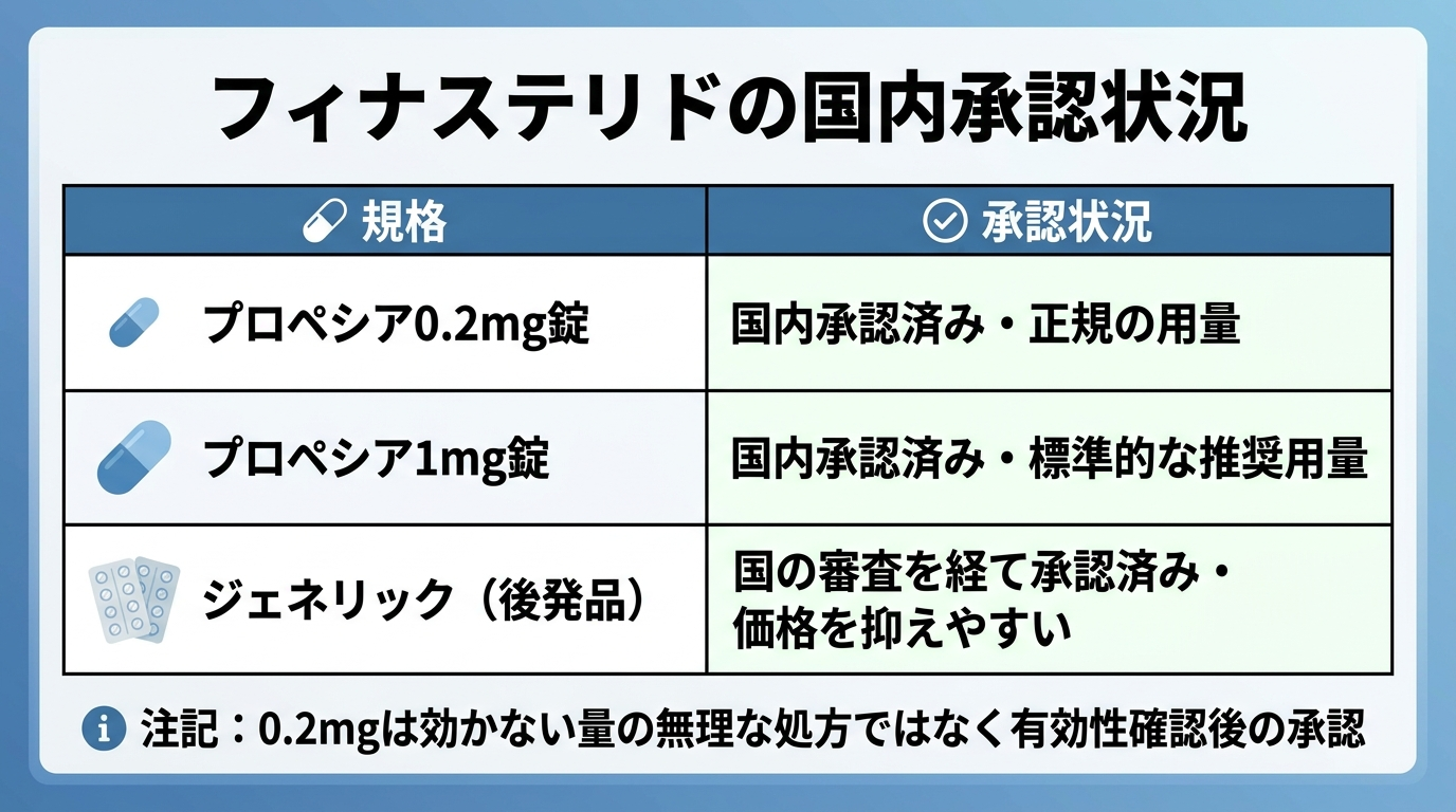 タイトル: フィナステリドの国内承認状況。2列の表: ヘッダー行: 規格 | 承認状況。行1: プロペシア0.2mg錠 | 国内承認済み・正規の用量。行2: プロペシア1mg錠 | 国内承認済み・標準的な推奨用量。行3: ジェネリック（後発品） | 国の審査を経て承認済み・価格を抑えやすい。下部に注記: 0.2mgは効かない量を無理に処方しているわけではなく有効性が確認された上で承認