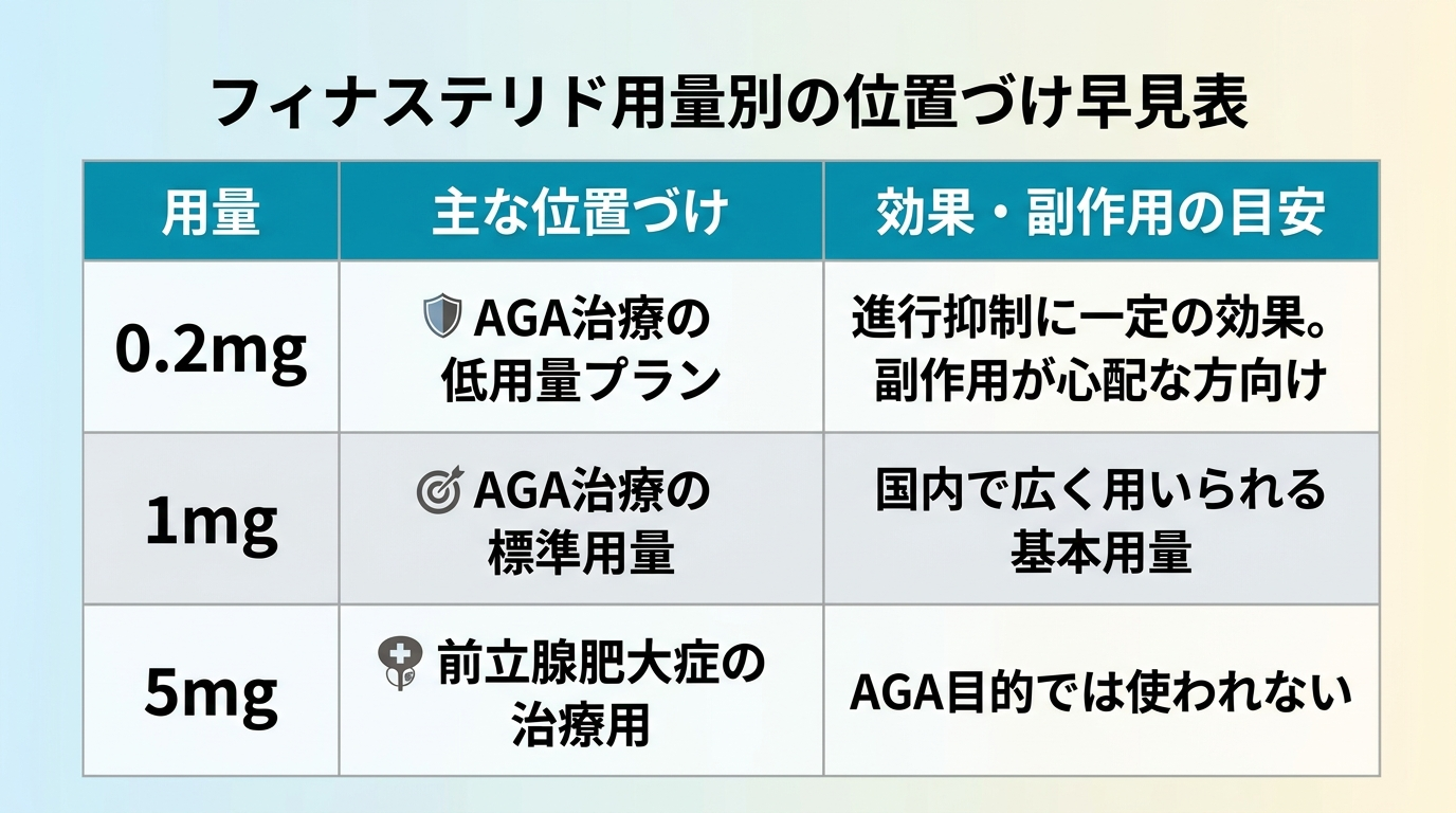 タイトル: フィナステリド用量別の位置づけ早見表。3列の表: ヘッダー行: 用量 | 主な位置づけ | 効果・副作用の目安。行1: 0.2mg | AGA治療の低用量プラン | 進行抑制に一定の効果。副作用が心配な方向け。行2: 1mg | AGA治療の標準用量 | 国内で広く用いられる基本用量。行3: 5mg | 前立腺肥大症の治療用 | AGA目的では使われない