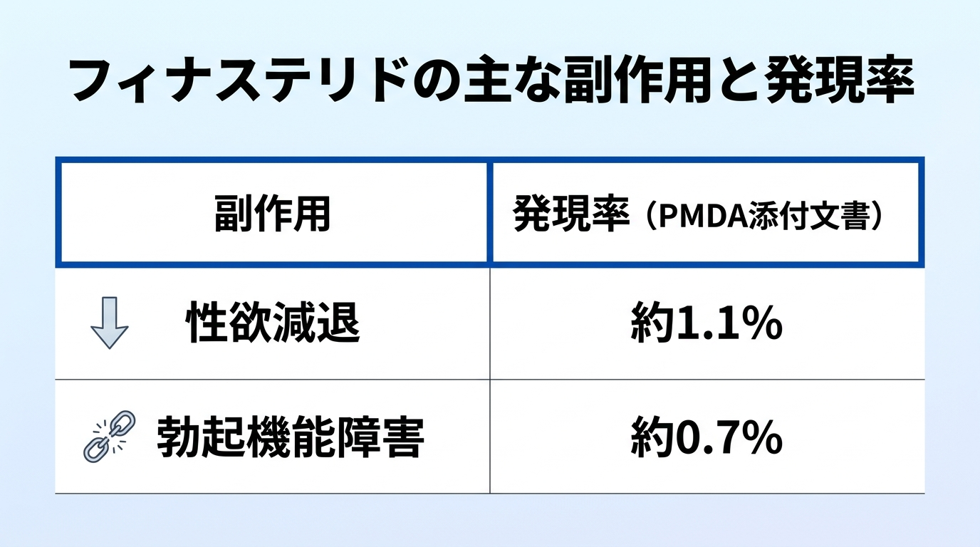 タイトル: フィナステリドの主な副作用と発現率。2列の表: ヘッダー行: 副作用 | 発現率（PMDA添付文書）。行1: 性欲減退 | 約1.1%。行2: 勃起機能障害 | 約0.7%