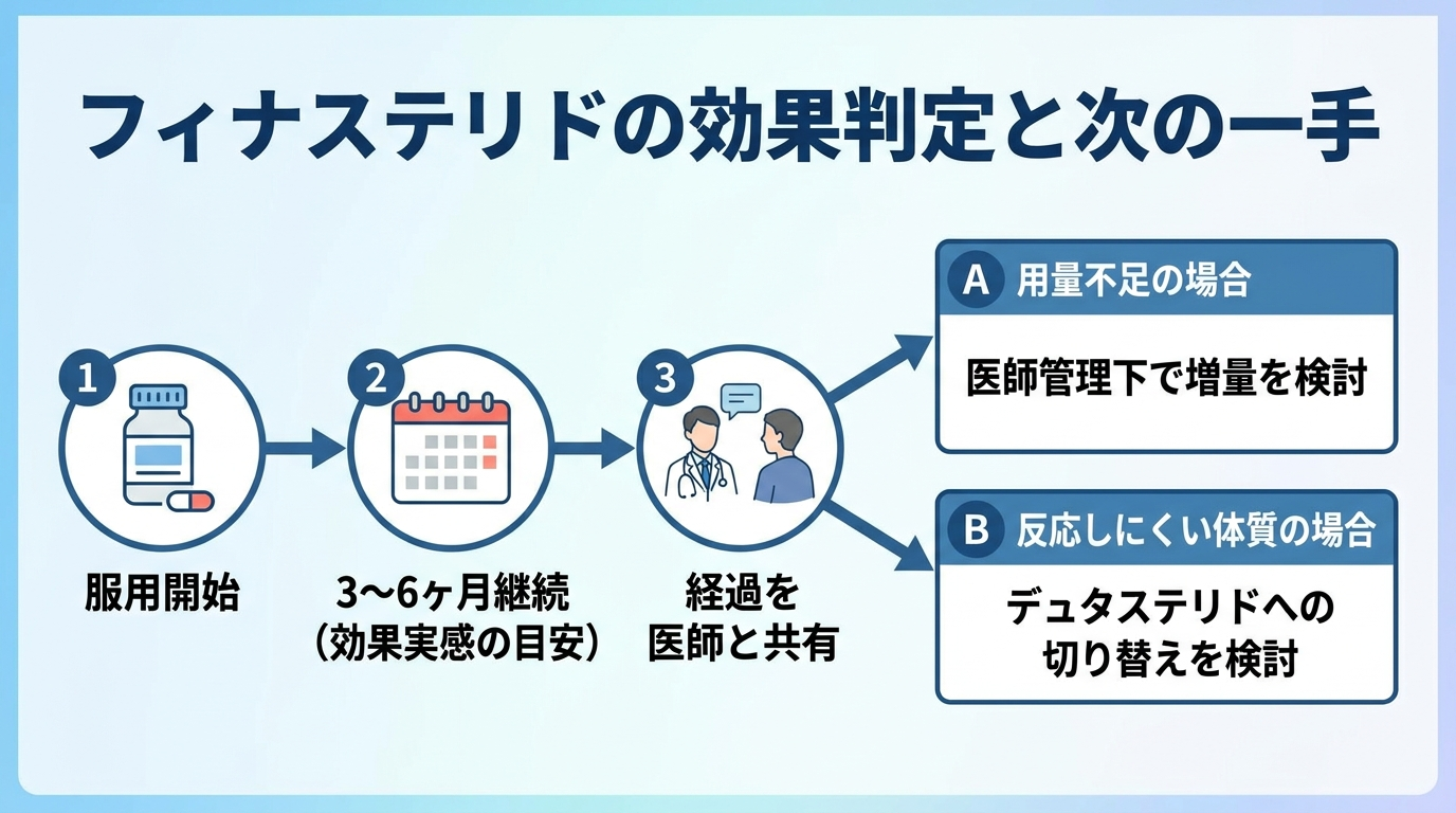 タイトル: フィナステリドの効果判定と次の一手。フロー図: ステップ1: 服用開始。ステップ2: 3〜6ヶ月継続（効果実感の目安）。ステップ3: 経過を医師と共有。分岐A: 用量不足→医師管理下で増量を検討。分岐B: 反応しにくい体質→デュタステリドへの切り替えを検討