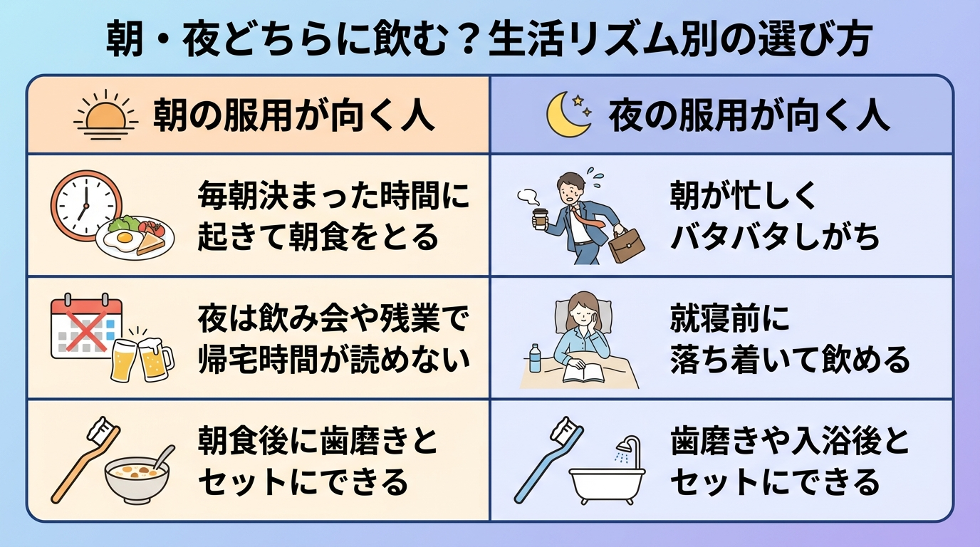 タイトル: 朝・夜どちらに飲む?生活リズム別の選び方。2列の表: ヘッダー行: 朝の服用が向く人 | 夜の服用が向く人。行1: 毎朝決まった時間に起きて朝食をとる | 朝が忙しくバタバタしがち。行2: 夜は飲み会や残業で帰宅時間が読めない | 就寝前に落ち着いて飲める。行3: 朝食後に歯磨きとセットにできる | 歯磨きや入浴後とセットにできる