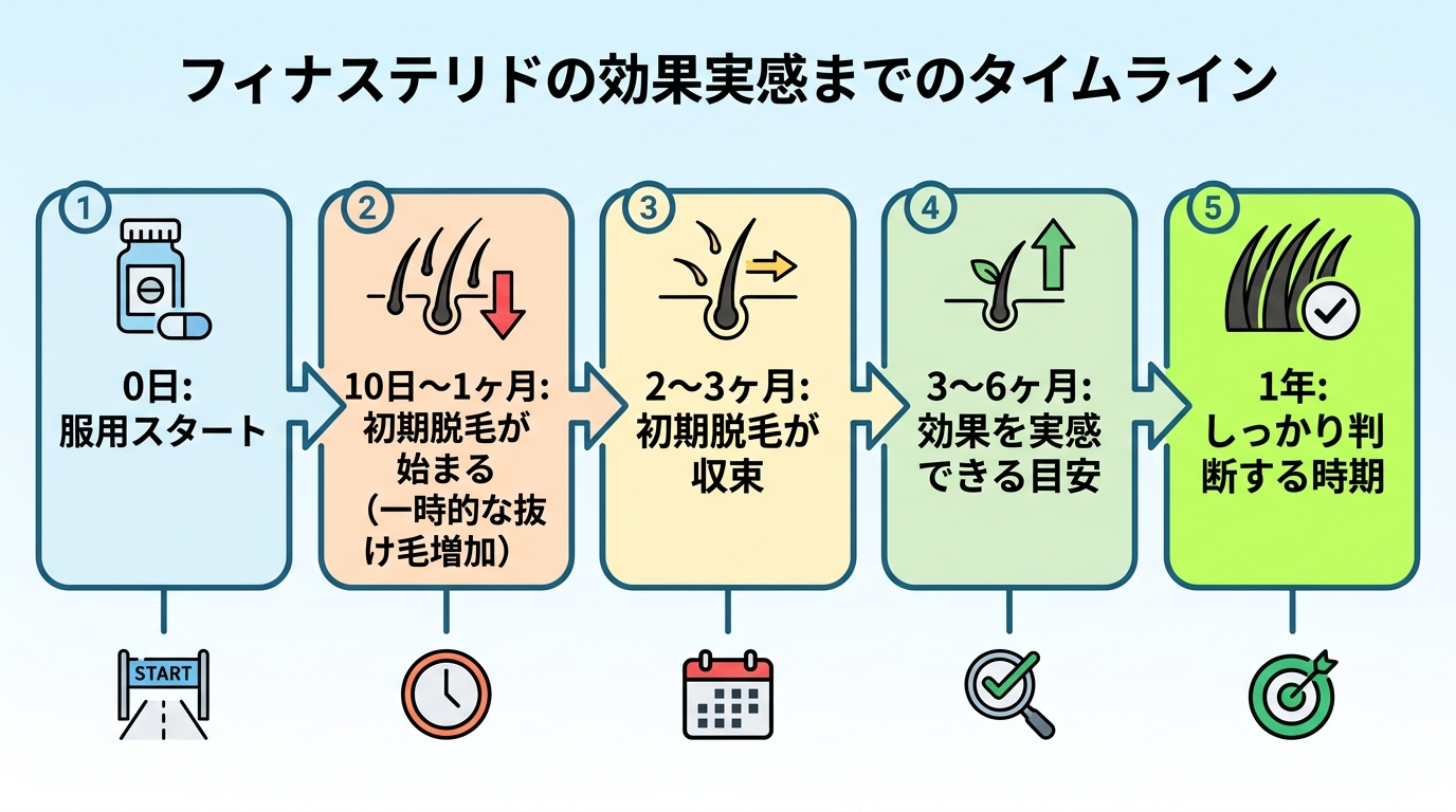 タイトル: フィナステリドの効果実感までのタイムライン。横軸の時系列チャート: 服用開始0日「服用スタート」→10日〜1ヶ月「初期脱毛が始まる(一時的な抜け毛増加)」→2〜3ヶ月「初期脱毛が収束」→3〜6ヶ月「効果を実感できる目安」→1年「しっかり判断する時期」