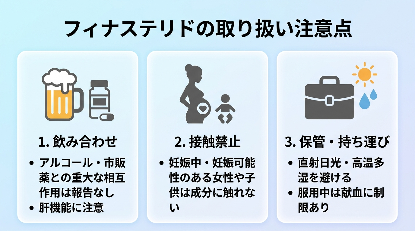 タイトル: フィナステリドの取り扱い注意点。横並び3カードで: カード1(ビールのアイコン)ヘッダー: 飲み合わせ、説明: アルコール・市販薬との重大な相互作用は報告なし。肝機能に注意。カード2(女性・子供のアイコン)ヘッダー: 接触禁止、説明: 妊娠中・妊娠可能性のある女性や子供は成分に触れない。カード3(鞄のアイコン)ヘッダー: 保管・持ち運び、説明: 直射日光・高温多湿を避ける。服用中は献血に制限あり