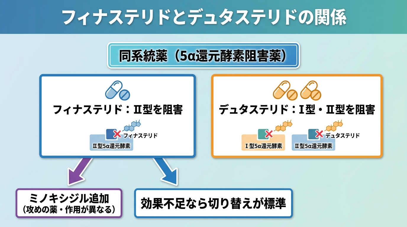 タイトル: フィナステリドとデュタステリドの関係。中央に『同系統薬(5α還元酵素阻害薬)』の見出し。左に『フィナステリド:Ⅱ型を阻害』、右に『デュタステリド:Ⅰ型・Ⅱ型を阻害』の2枠を並べ、矢印で『効果不足なら切り替えが標準』と下部に表示。さらに別ルートとして『ミノキシジル追加(攻めの薬・作用が異なる)』を分岐で示す