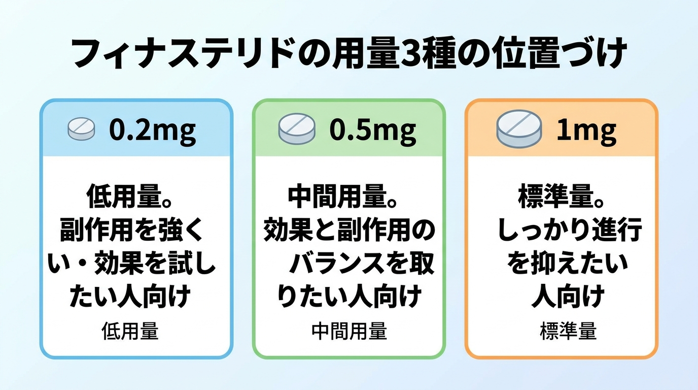 タイトル: フィナステリドの用量3種の位置づけ。横並び3カードで: カード1(錠剤アイコン・低用量)ヘッダー: 0.2mg、説明: 低用量。副作用を強く避けたい・効果を試したい人向け。カード2(錠剤アイコン・中間用量)ヘッダー: 0.5mg、説明: 中間用量。効果と副作用のバランスを取りたい人向け。カード3(錠剤アイコン・標準量)ヘッダー: 1mg、説明: 標準量。しっかり進行を抑えたい人向け