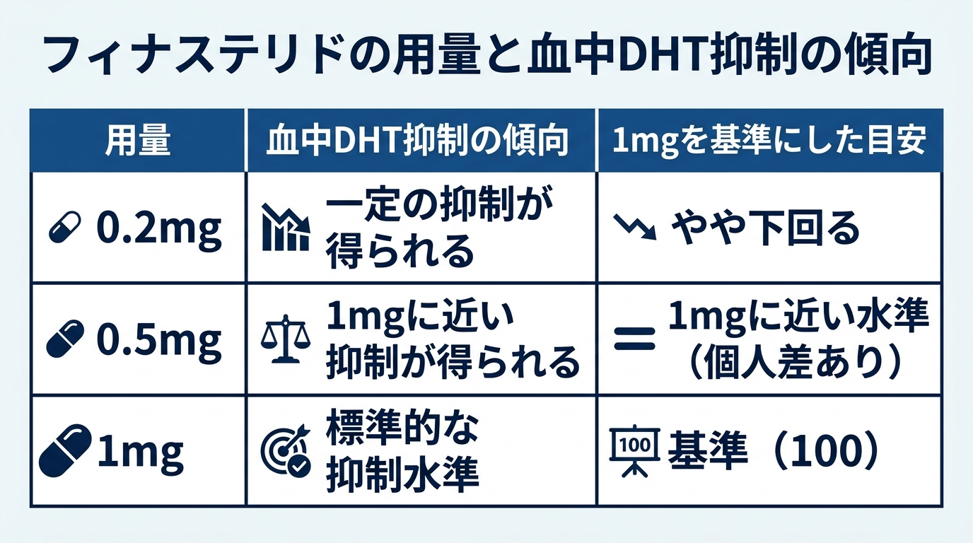 タイトル: フィナステリドの用量と血中DHT抑制の傾向。3列の表: ヘッダー行: 用量 | 血中DHT抑制の傾向 | 1mgを基準にした目安。行1: 0.2mg | 一定の抑制が得られる | やや下回る。行2: 0.5mg | 1mgに近い抑制が得られる | 1mgに近い水準(個人差あり)。行3: 1mg | 標準的な抑制水準 | 基準(100)