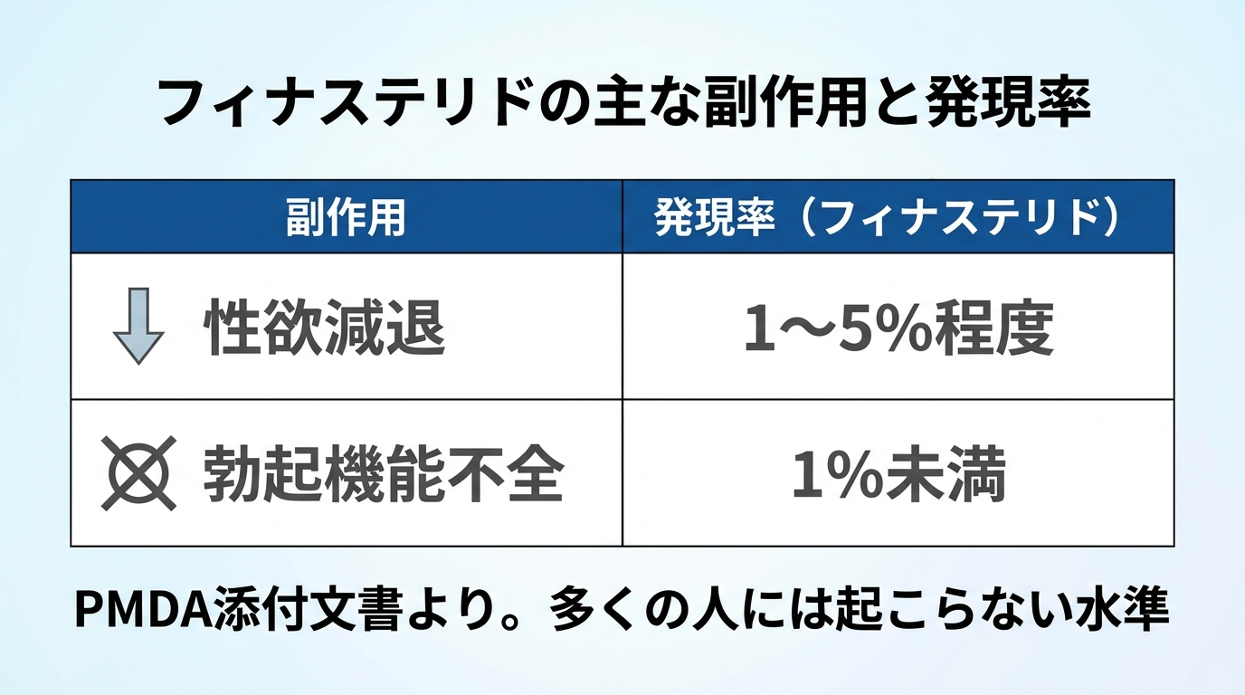 タイトル: フィナステリドの主な副作用と発現率。2列の表: ヘッダー行: 副作用 | 発現率(フィナステリド)。行1: 性欲減退 | 1〜5%程度。行2: 勃起機能不全 | 1%未満。補足: PMDA添付文書より。多くの人には起こらない水準