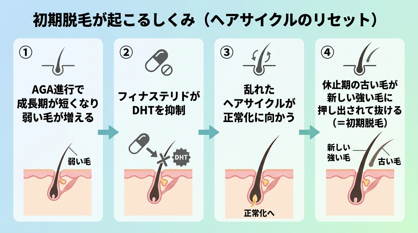 タイトル: 初期脱毛が起こるしくみ（ヘアサイクルのリセット）。フロー図で4ステップ: ①AGA進行で成長期が短くなり弱い毛が増える → ②フィナステリドがDHTを抑制 → ③乱れたヘアサイクルが正常化に向かう → ④休止期の古い毛が新しい強い毛に押し出されて抜ける（＝初期脱毛）。各ステップに毛包のイラストを添える