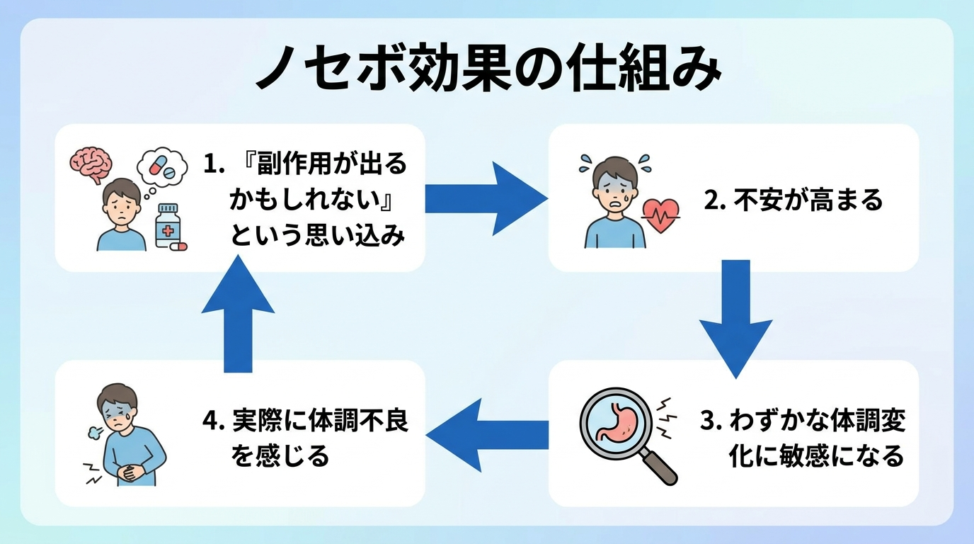 タイトル: ノセボ効果の仕組み。イラスト: 「副作用が出るかもしれない」という思い込み → 不安が高まる → わずかな体調変化に敏感になる → 実際に体調不良を感じる、という循環フローを矢印で図解