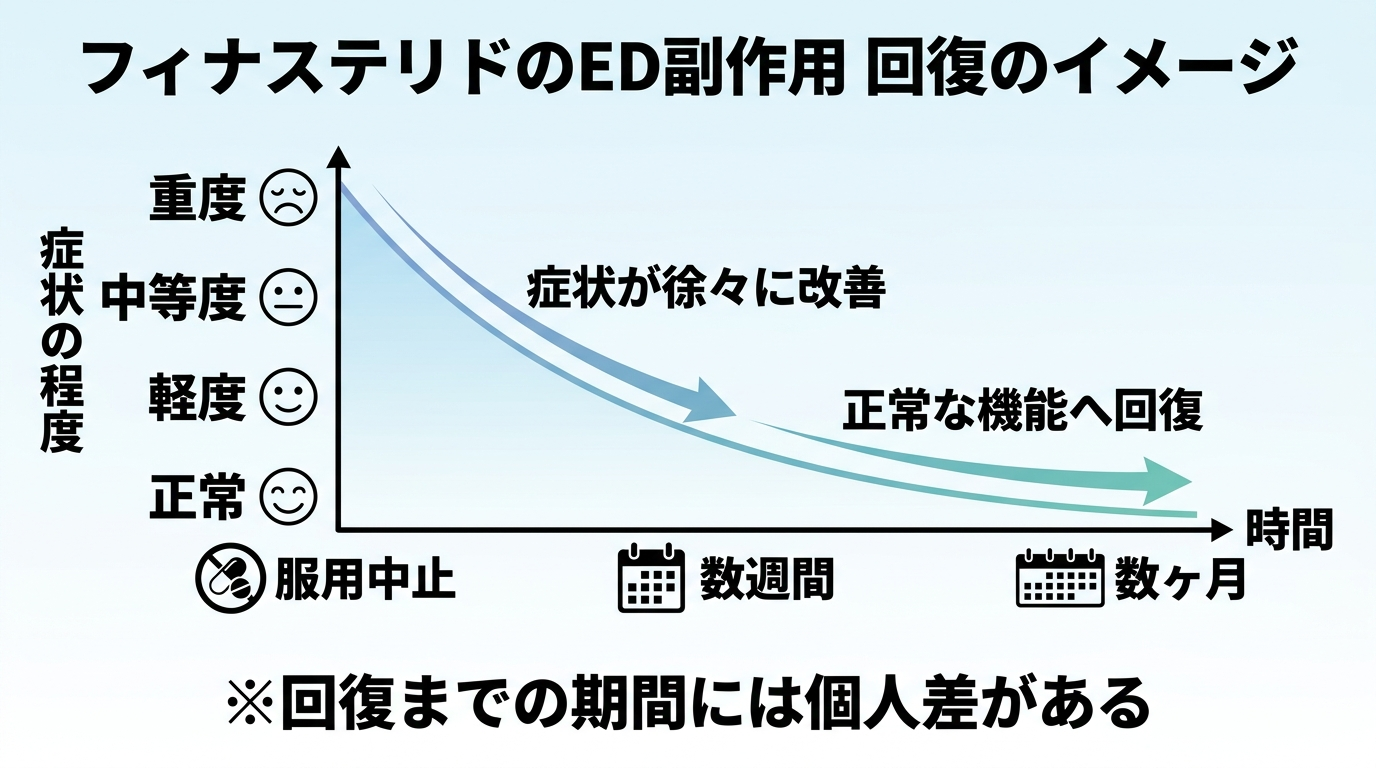 タイトル: フィナステリドのED副作用 回復のイメージ。横軸に時間（服用中止→数週間→数ヶ月）、縦軸に症状の程度をとり、中止後に症状が徐々に改善していく曲線を描いた図。注記: 回復までの期間には個人差がある