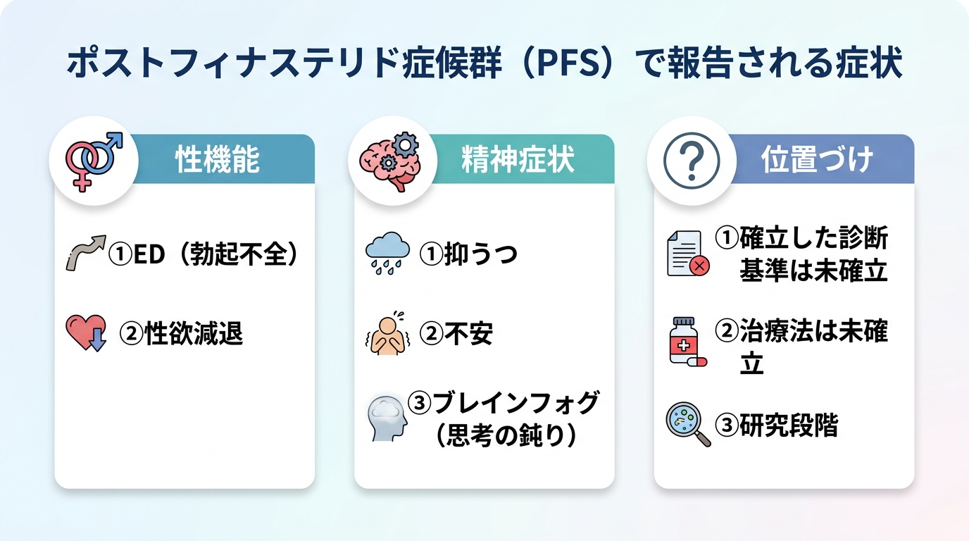タイトル: ポストフィナステリド症候群（PFS）で報告される症状。3カテゴリのカード型: カード1（性機能）ED・性欲減退。カード2（精神症状）抑うつ・不安・ブレインフォグ（思考の鈍り）。カード3（位置づけ）確立した診断基準・治療法は未確立、研究段階