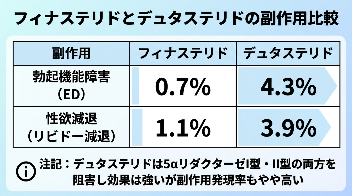 タイトル: フィナステリドとデュタステリドの副作用比較。3列の表: ヘッダー行: 副作用 | フィナステリド | デュタステリド。行1: 勃起機能障害（ED） | 0.7% | 4.3%。行2: 性欲減退（リビドー減退） | 1.1% | 3.9%。注記: デュタステリドは5αリダクターゼI型・II型の両方を阻害し効果は強いが副作用発現率もやや高い