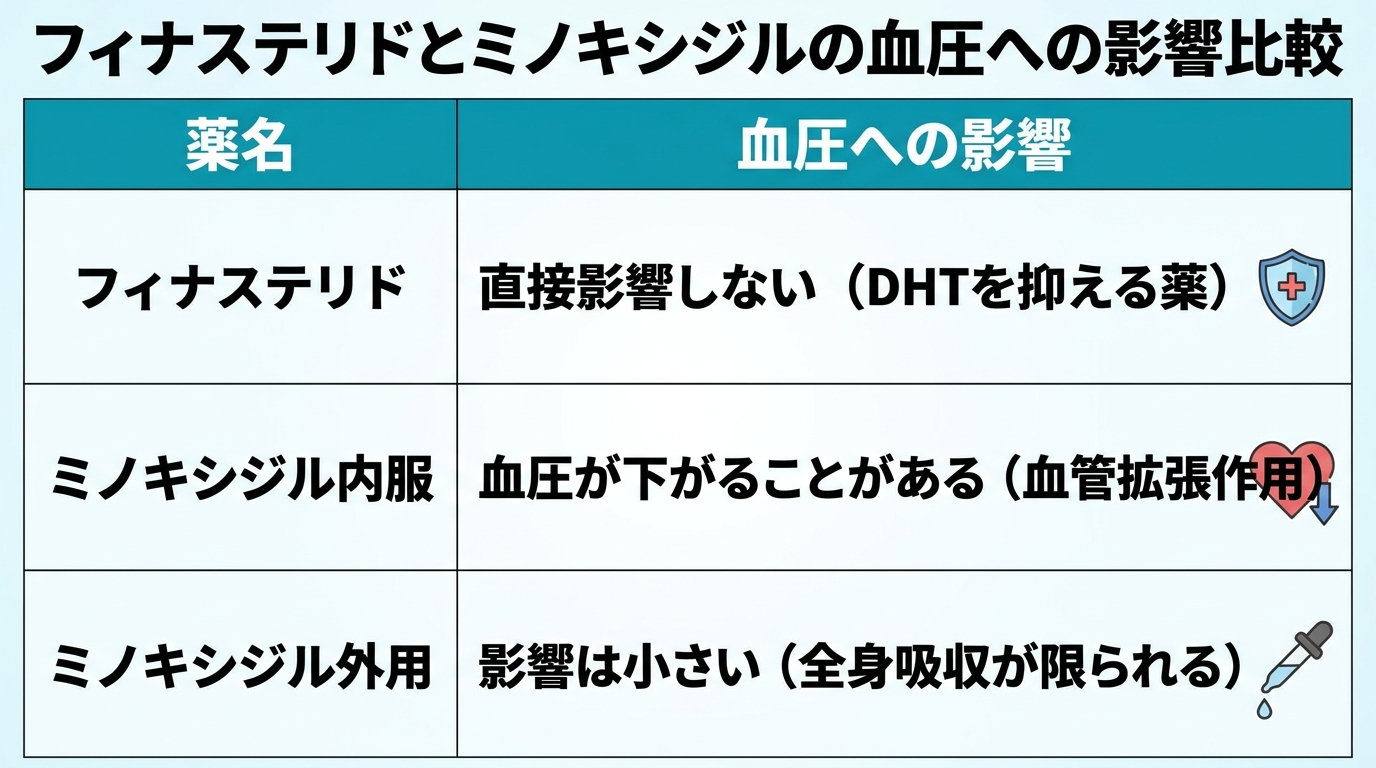 タイトル: フィナステリドとミノキシジルの血圧への影響比較。2列の表: ヘッダー行: 薬名 | 血圧への影響。行1: フィナステリド | 直接影響しない（DHTを抑える薬）。行2: ミノキシジル内服 | 血圧が下がることがある（血管拡張作用）。行3: ミノキシジル外用 | 影響は小さい（全身吸収が限られる）