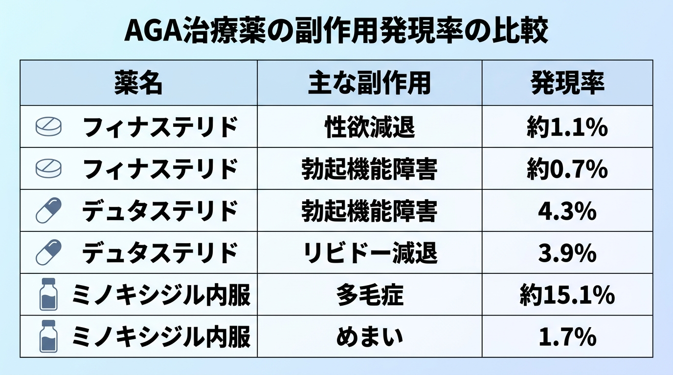 タイトル: AGA治療薬の副作用発現率の比較。3列の表: ヘッダー行: 薬名 | 主な副作用 | 発現率。行1: フィナステリド | 性欲減退 | 約1.1%。行2: フィナステリド | 勃起機能障害 | 約0.7%。行3: デュタステリド | 勃起機能障害 | 4.3%。行4: デュタステリド | リビドー減退 | 3.9%。行5: ミノキシジル内服 | 多毛症 | 約15.1%。行6: ミノキシジル内服 | めまい | 1.7%