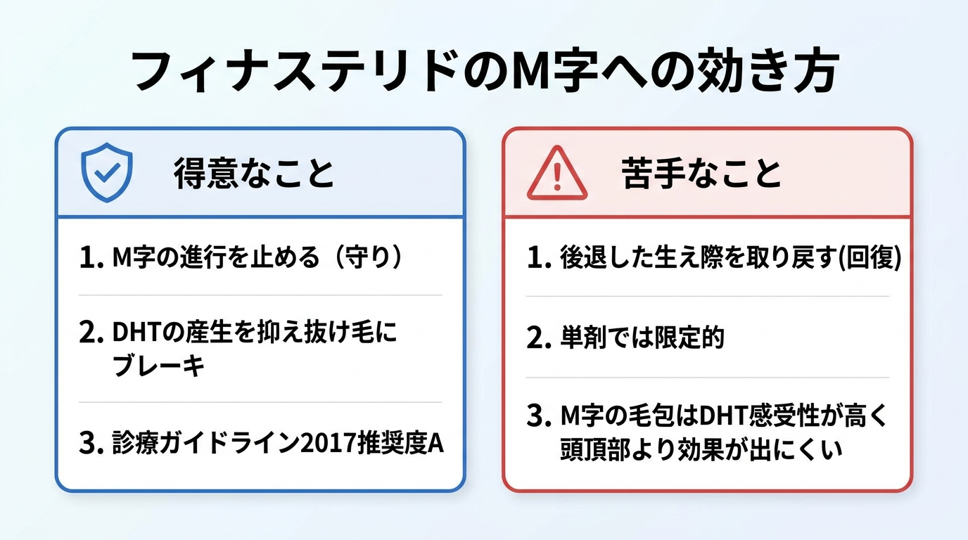 タイトル: フィナステリドのM字への効き方。横並び2カードで比較。カード1(盾のアイコン)ヘッダー: 得意なこと、説明: M字の進行を止める(守り)。DHTの産生を抑え抜け毛にブレーキ。診療ガイドライン2017推奨度A。カード2(注意マークのアイコン)ヘッダー: 苦手なこと、説明: 後退した生え際を取り戻す(回復)。単剤では限定的。M字の毛包はDHT感受性が高く頭頂部より効果が出にくい。
